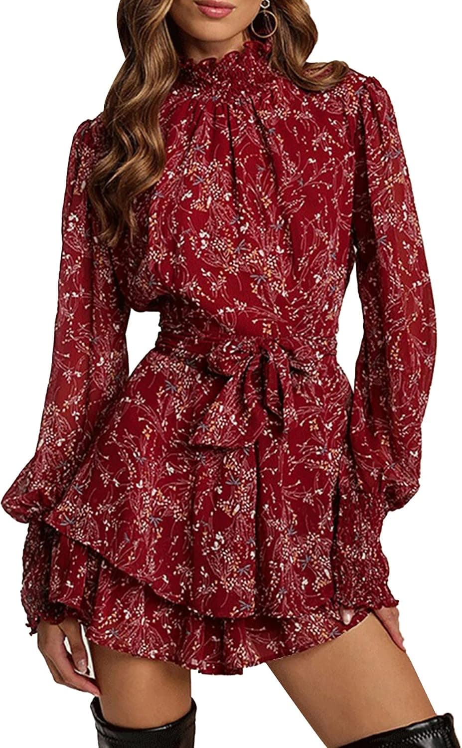 Vrtige Women's Floral Print Mock Neck Tie Waist Long Sleeve Ruffle Hem A Line Mini Dress Red X-Large