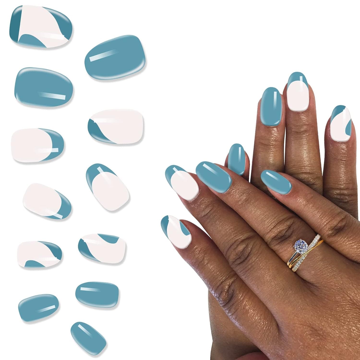 Cosics Nail Press On Kit, 24pcs Lake Blue Swirl Mismatched French Fake Nails, Almond Medium Long Acrylic Nail Full Cover 12 Sizes with Adhesive Tabs Prep Pad Cuticle Stick for DIY Manicure Art Design