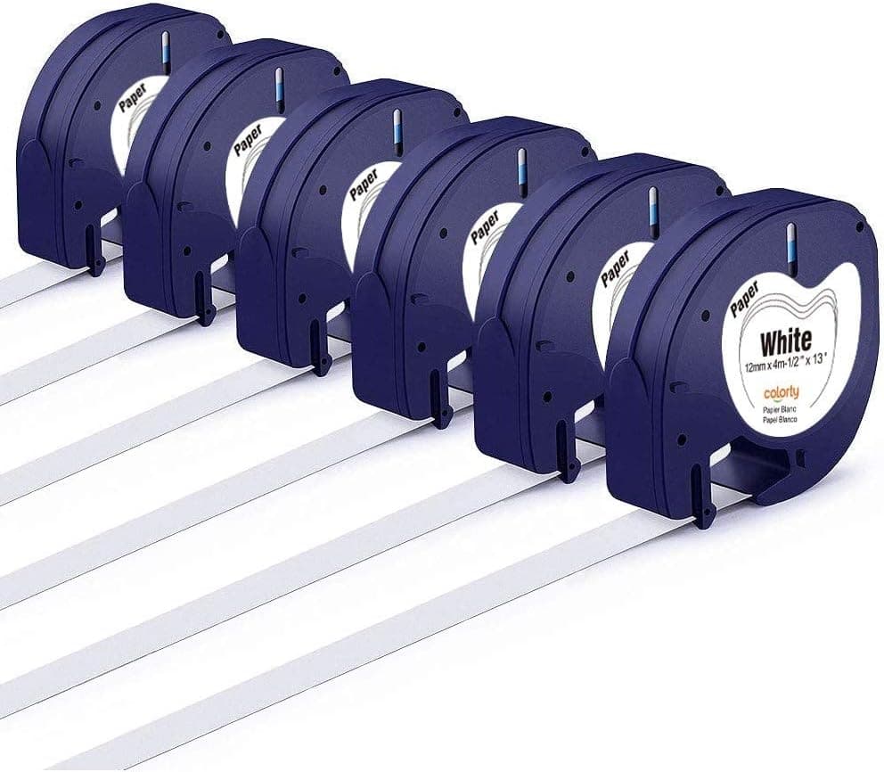 6-Pack Replace for Dymo LetraTag Paper Refills 91330 (S0721510) 12mm 0.47 Inch Self-Adhesive White Label Tape Compatible with Dymo Letra Tag Label Maker LT-100T LT-100H QX50, 1/2 Inch x 13 Feet