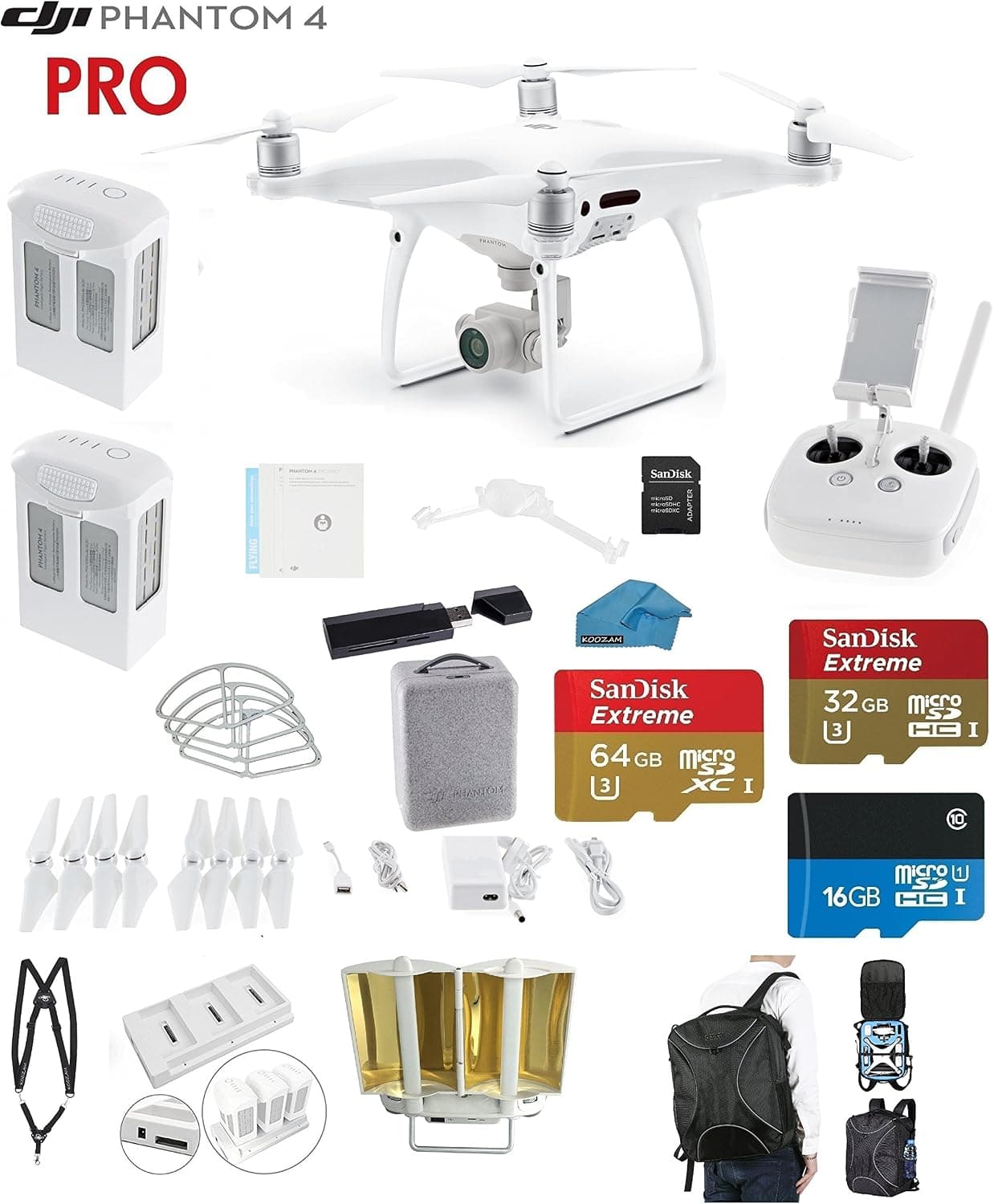 DJI Phantom 4 PRO Quadcopter Drone with 1-inch 20MP 4K Camera KIT + 2 Total Batteries + 64 and 32GB Micro SDXC Cards + Card Reader + Snap on Prop Guards + Range Extender + Charging Hub + Backpack