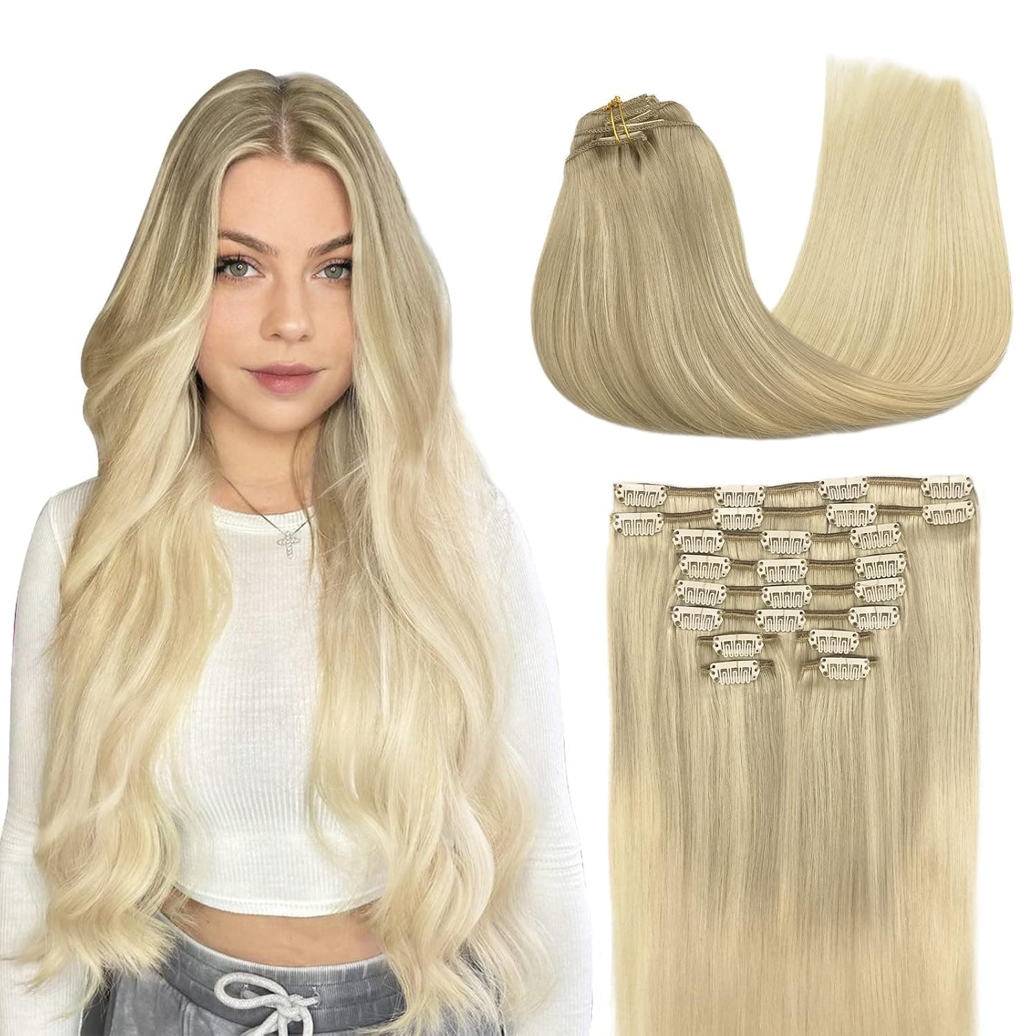 Human Hair Extensions Clip in, 10pcs 160g Balayage Ash Blonde to Golden Blonde and Platinum Blonde 20 Inch, MAXITA Clip in Hair Extensions Real Human Hair Natural Hair Extensions Straight