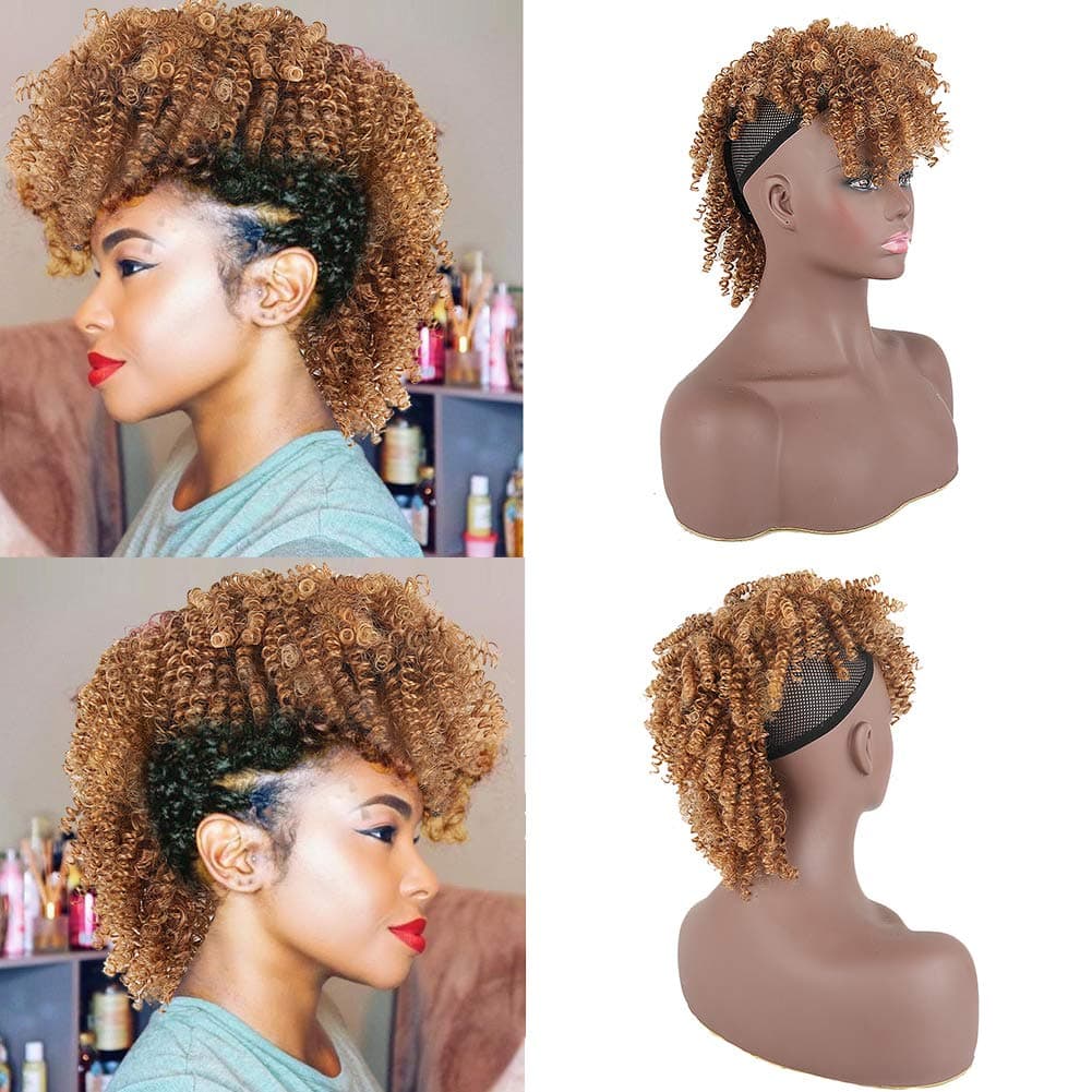 Aisaide High Puff Afro Ponytail Drawstring,Short Curly Ponytail Extension,Mohawk Kinky Synthetic Hair Bun with Bangs,Wrap Updo Clip in Hair Extensions with Six Clips and Two Comb(4/630)
