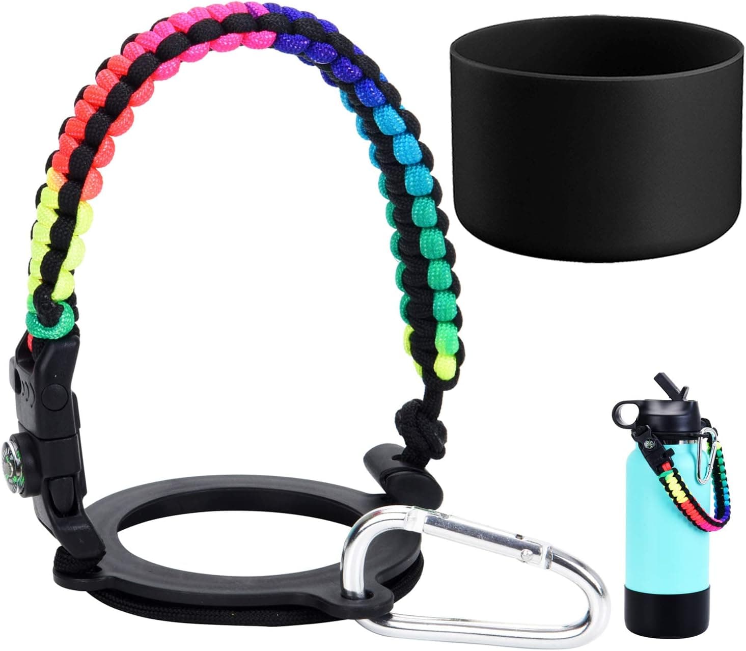 LX-SUNCX Paracord Handle for Hydro Flask 2.0 Wide Mouth Water Bottles(12 to 40oz),Survival Strap Carabiner Carrier Accessories,Plus a Nice Protective Silicone Boot