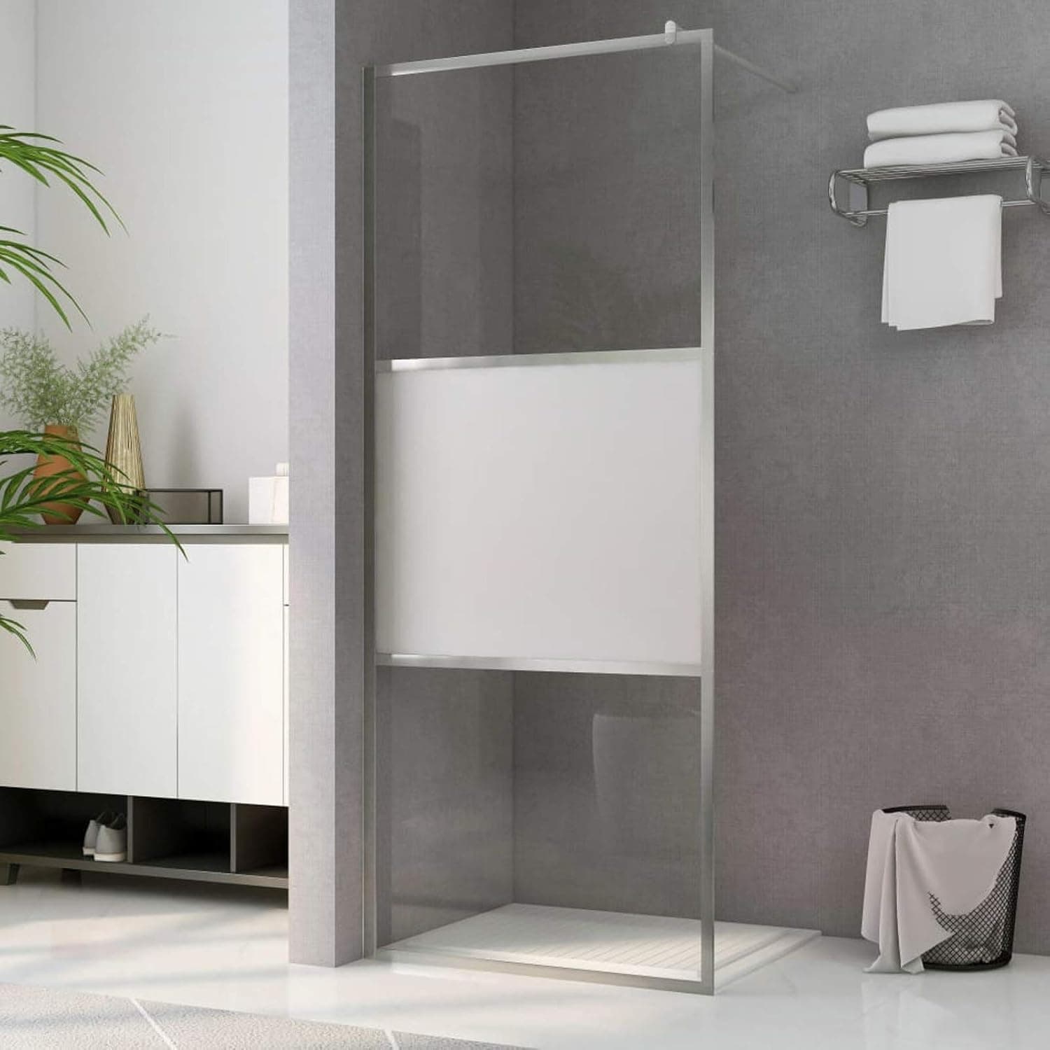Tidyard Walk-in Shower Wall with Half Frosted Glass and Supporting Bar Single Panel Bathroom Shower Door Screen Shower Partition (38.6-39.4) x 76.8 Inches (W x H)