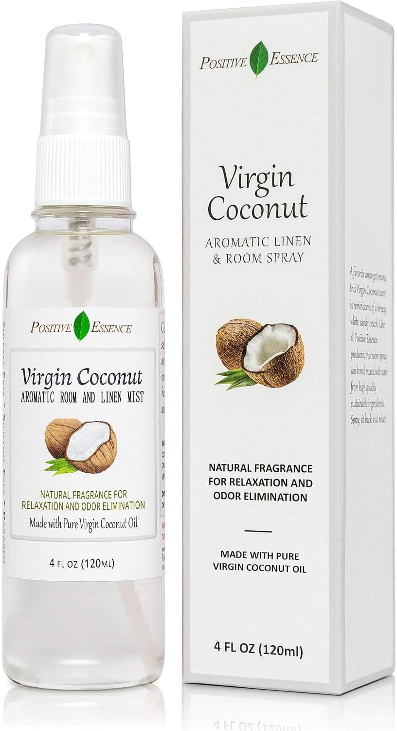 POSITIVE ESSENCE Virgin Coconut Linen and Room Spray, Natural Aromatic Mist Made with Pure Virgin Coconut Oil, Relax Your Body & Mind, Perfect as a Bathroom Air Freshener Odor Eliminator