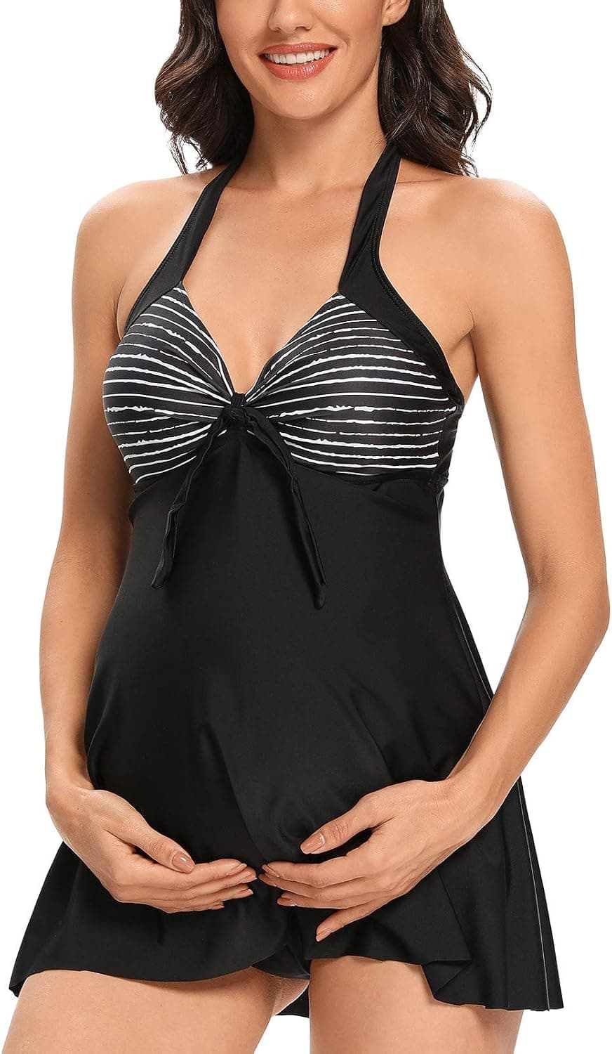 Tempotrek Maternity One Piece Swimsuit Halter Plunge Neck Vintage Floral Tummy Control Swimdress Bathing Suits