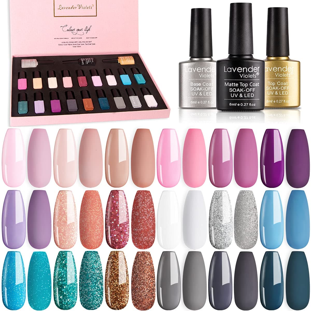 Lavender Violets Gel Nail Polish Kit 18+3 Colors Nude Pink Blue Soak-off UV LED Nail Gel with Base, Matte and Glossy Top Coat for Women Easter Mother's Day