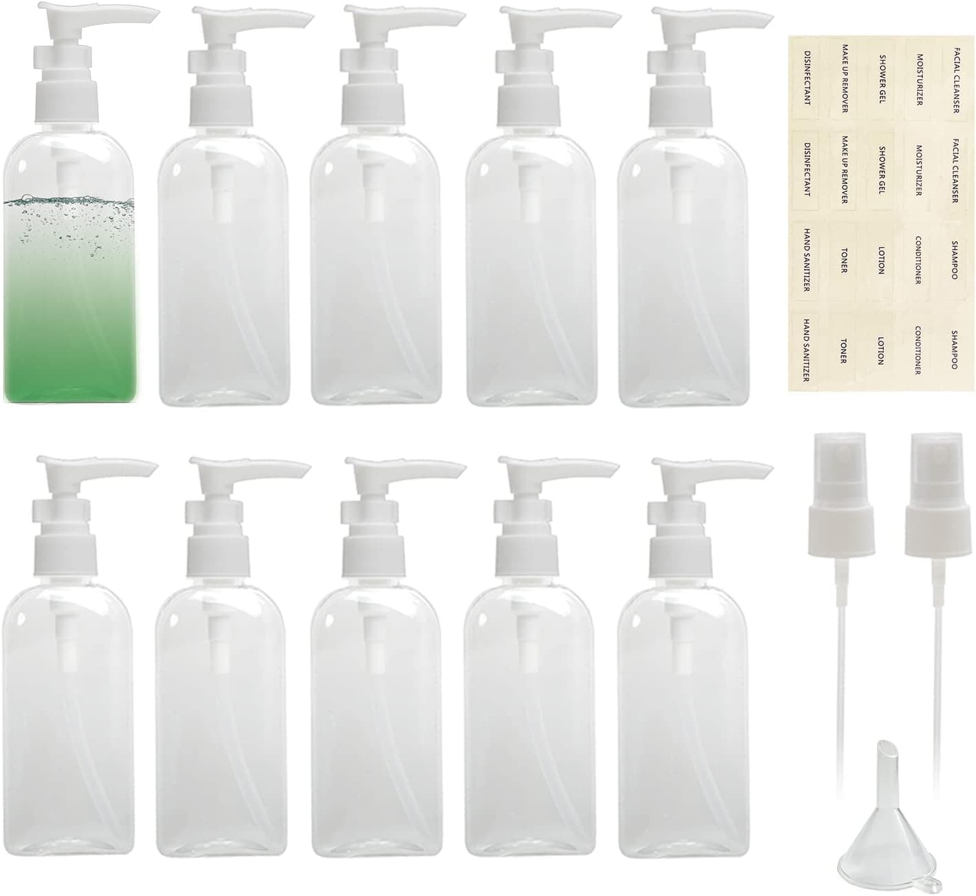 Tancano 10pcs Travel Dispenser Bottle, 3.4oz Clear Small Dispenser Pump Bottle, Plastic Lotion Bottle with Pump & 2pcs Mist Sprayer & Small Funnel & Label for Soap/Shampoo/Conditioner/Body Wash