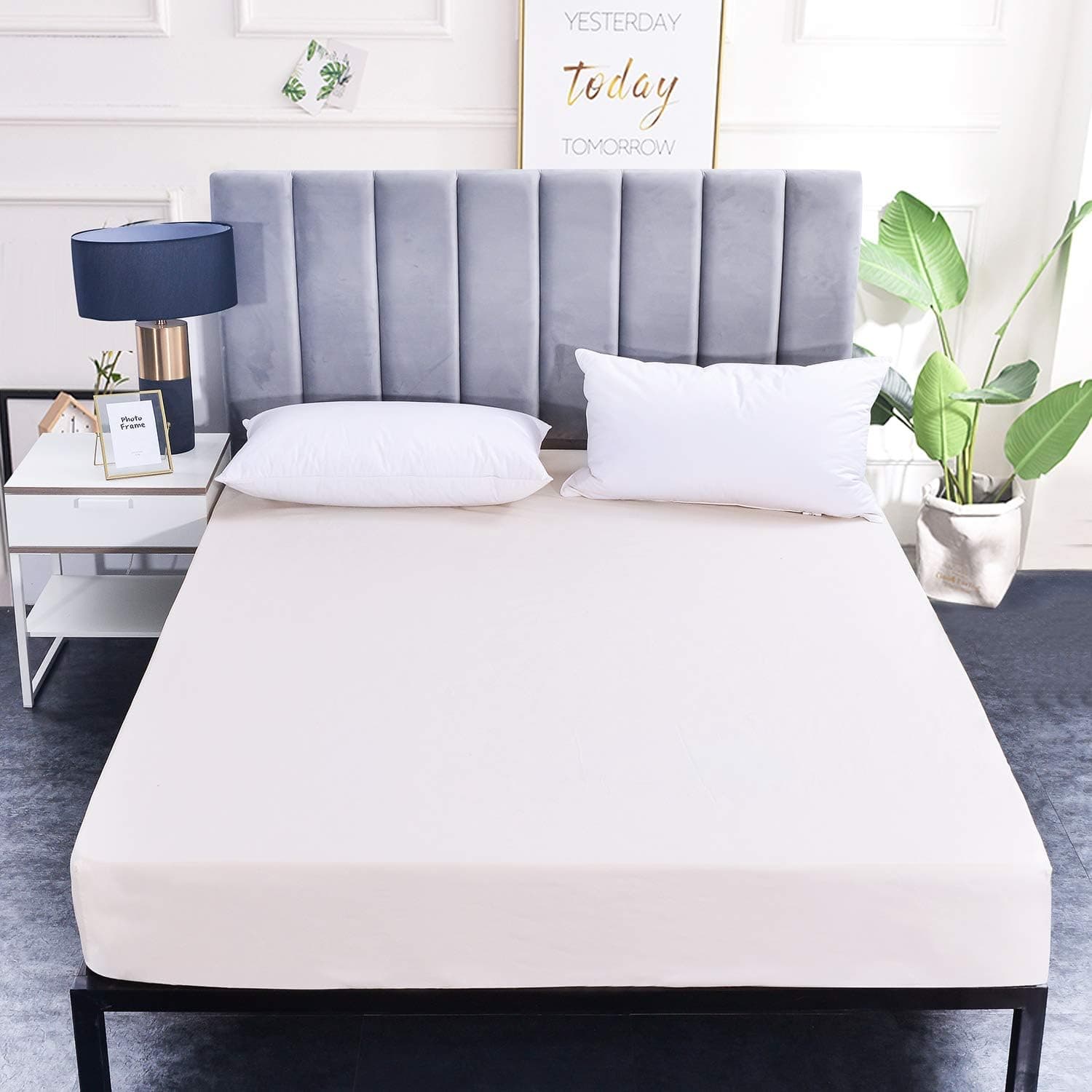 SETWIER Bed Cover Fitted Full Size Mattress Protector Noiseless & Durable Microfiber Bedding Fitted Sheet 54"x75" with Deep Pocket, Full Size, Beige