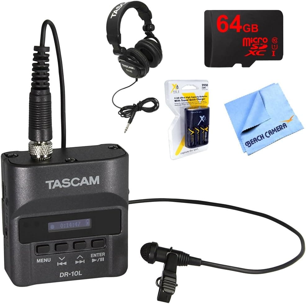 Tascam Portable Digital Studio Recorder with Lavaliere Microphone (DR-10L) with Professional Headphones, 64GB MicroSDXC Memory Card, AA Charger with 4 2950mah AA Batteries & 1 Piece Micro Fiber Cloth
