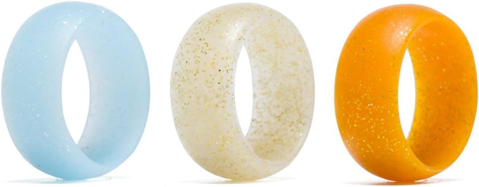 DHCare Glitter Silicone Wedding Ring Bands 9mm Wide (2mm Thick)- 3 Pack for Women Flexible Comfort Sport Safety Ring Orange Moccasin CadetBlue