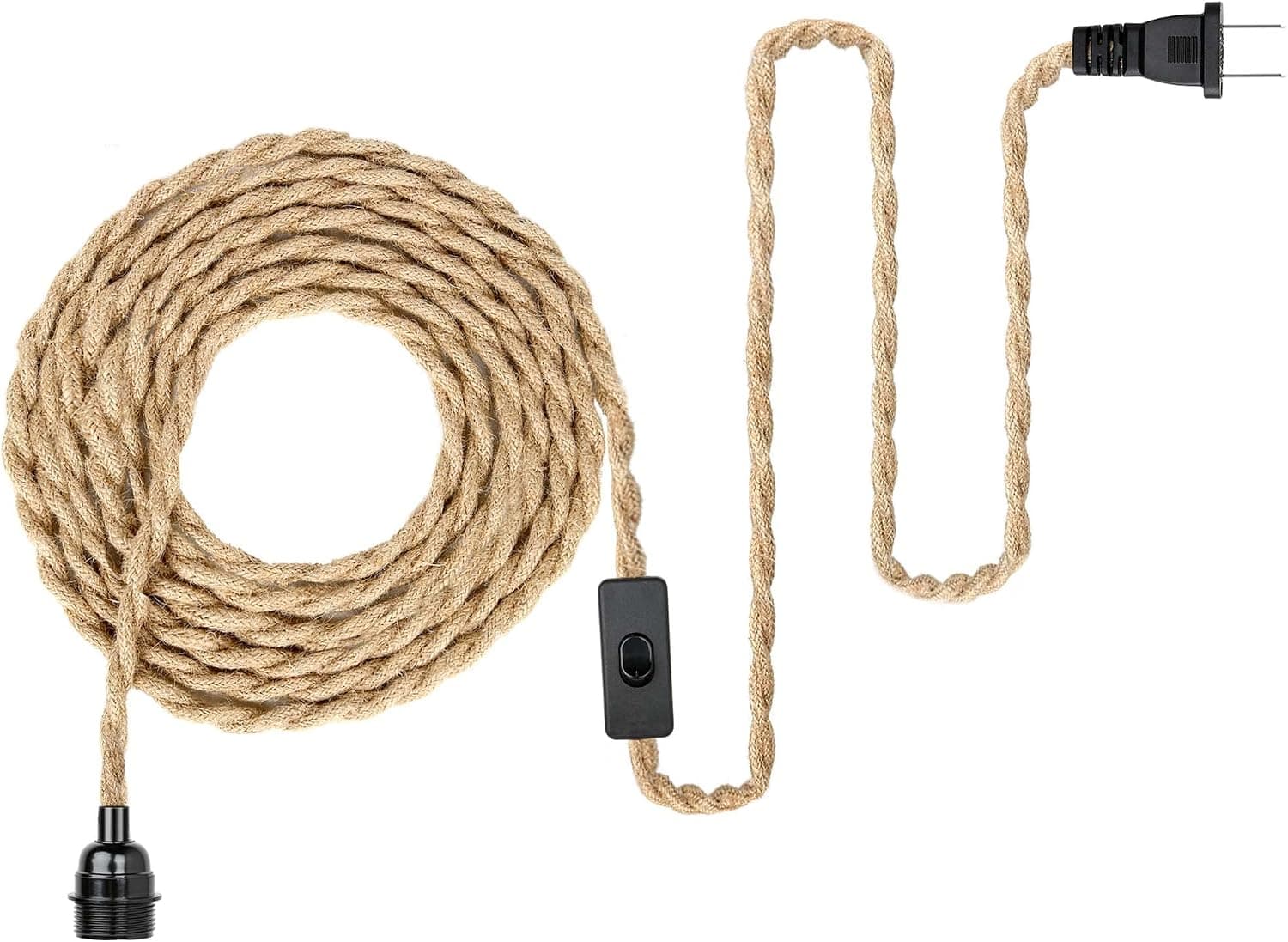 HAYPECES Plug in Pendant Light - DIY Hanging Lights with Plug in Cord 15ft Hemp Rope Hanging Lamp Cage Lampshade Hanging Lamps That Plug into Wall Outlet for Kitchen Island Bedroo (Light Cord)