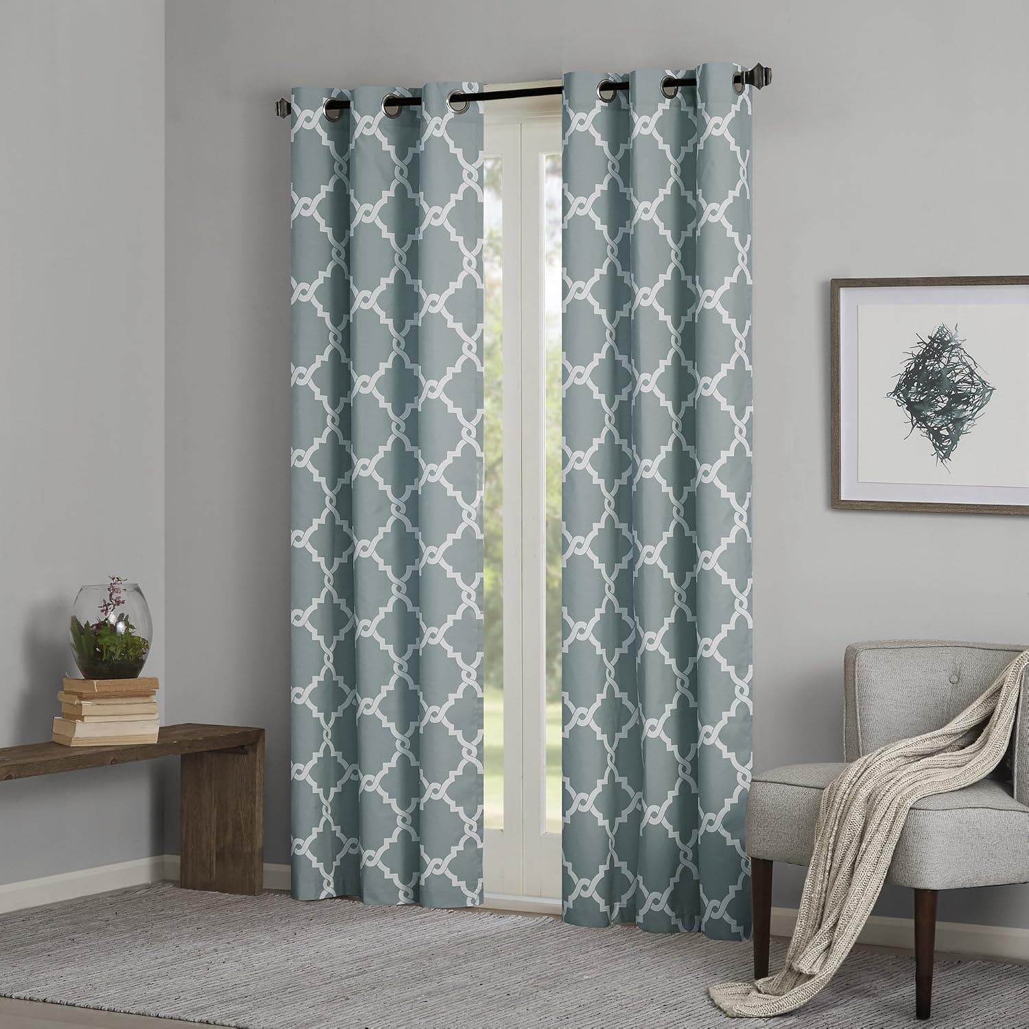 Aqua Curtains for Living Room , Modern Contemporary Room Darkening Curtains for Bedroom , Geometric Merritt Silver Grommet Window Curtains , 42x63, 2-Panel Pack
