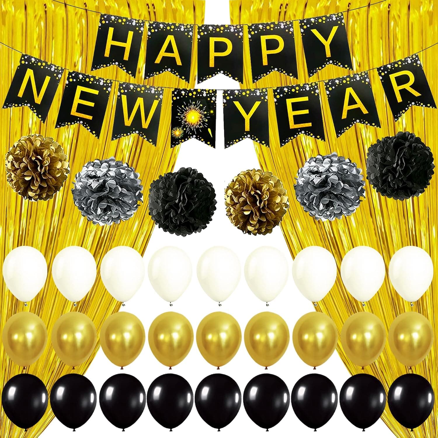 Big, Happy New Year Decorations 2023 Kit - 10 Feet Happy New Year Banner, Gold Fringe Curtain | New Years Eve Party Supplies 2023, New Years Decorations 2023 | New Years Backdrop, NYE Decorations 2023