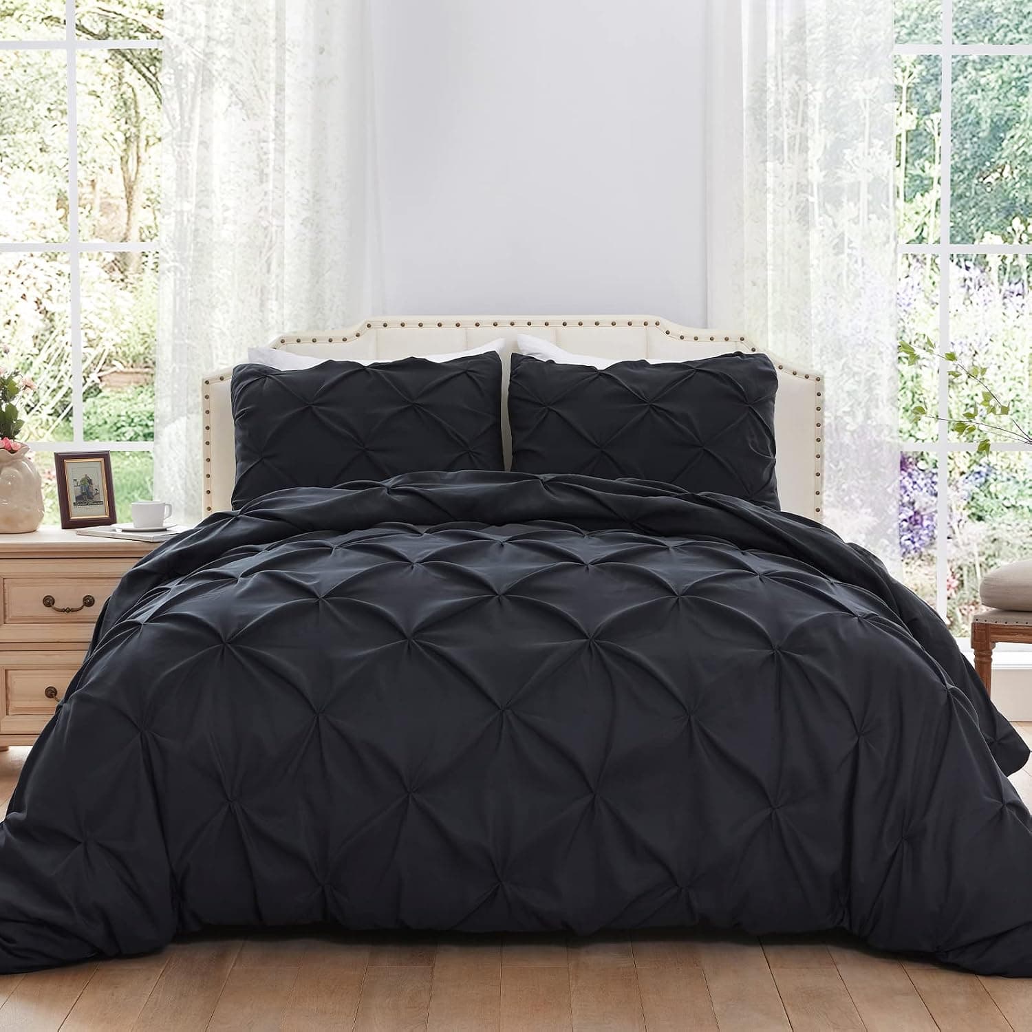 SunStyle Home Pinch Pleated Duvet Cover Black 3 Pieces Duvet Covers King Size Soft Microfiber Luxury Duvet Cover with Zipper Closure & Corner Ties for All Season(1 Duvet Cover, 2 Pillow Shams)