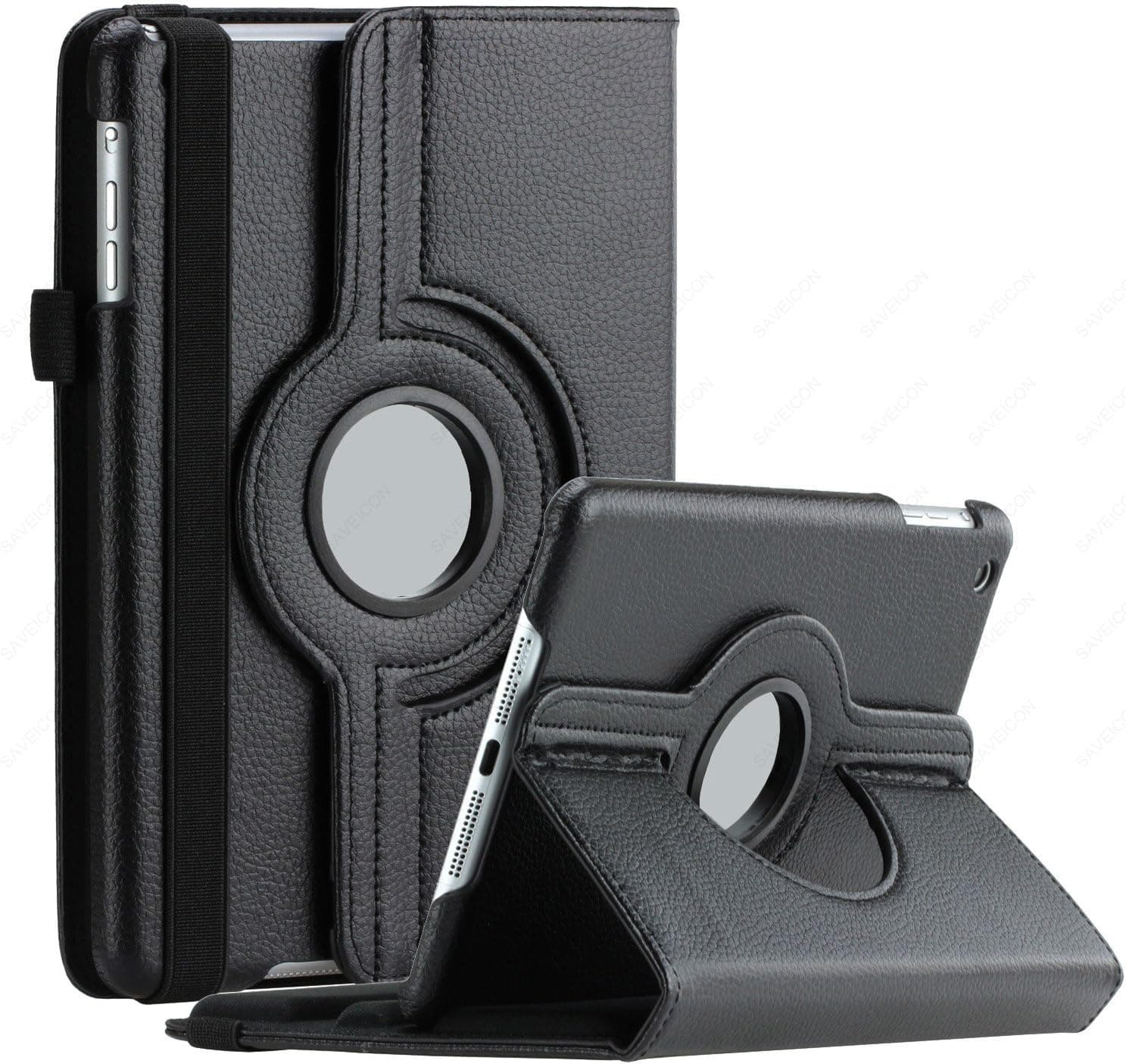 SAVEICON iPad Mini/iPad Mini 2 / iPad Mini 3 Case - Black PU Leather Case 360 Degree Swivel Rotating Magnetic Folio Case Cover Stand for Apple iPad Mini 7.9'' Tablet with Sleep and Wake Function