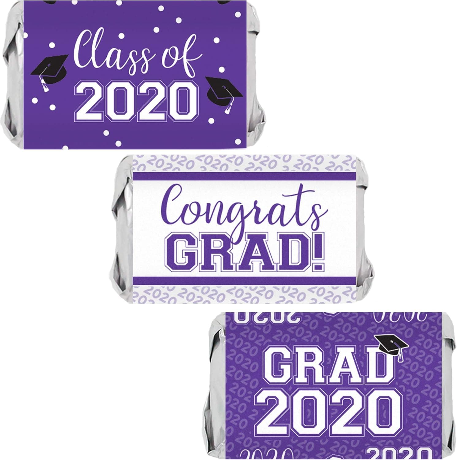 Class of 2020 Graduation Mini Candy Bar Wrappers - 45 Stickers (Purple)