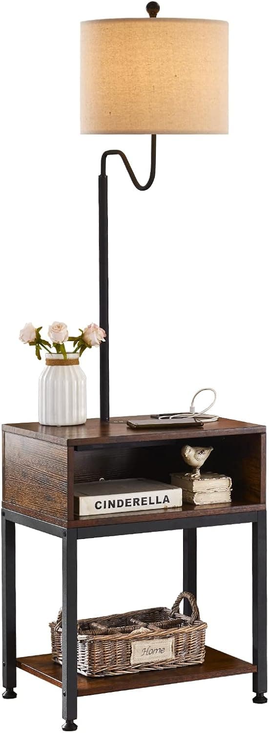 Topotdor Floor Lamp with Table,Farmhouse Bedside Table with Wireless Charging Station USB Type-C and Power Outlet End Table Lamp for Bedroom Living Room