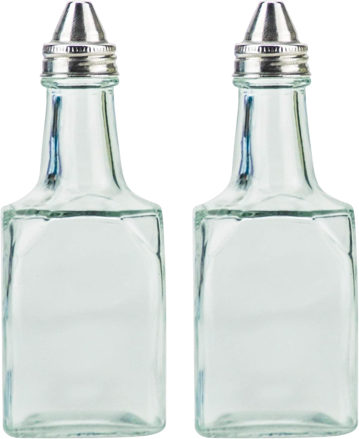 DecorRack 2 Glass Oil and Vinegar Dispensers, 6 oz Containers, Brushed Stainless Steel Tops, Durable Glass Body, Cruet Set, Suited for Kitchen, Counter, Table Settings, (2 pack)