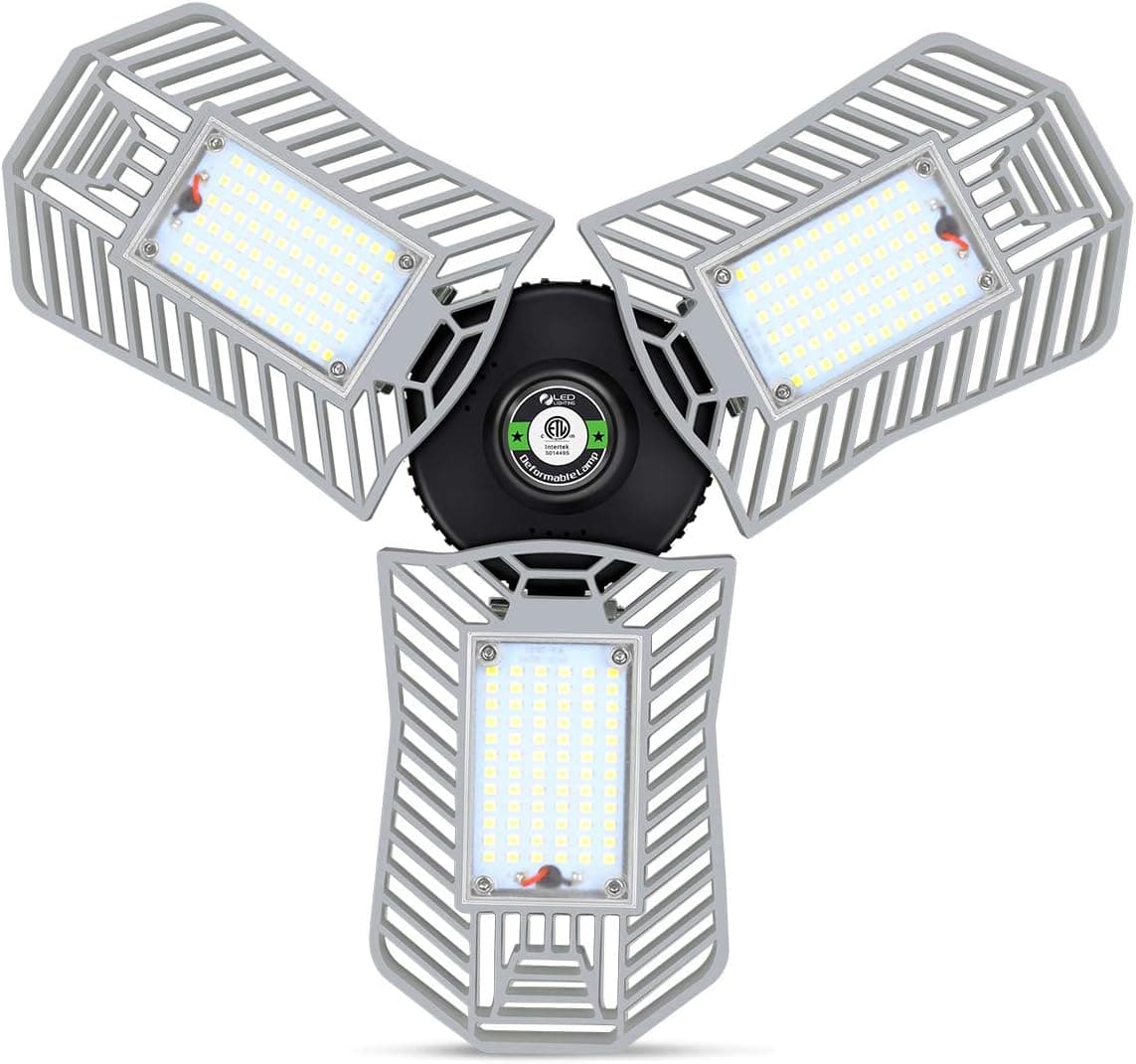 JMTGNSEP Led Garage Lighting 80W 8000 Lumen Deformable Garage Lights Ceiling Led Screw in LED Light Bulb Adjustable Light with 3 Panel Shop Light for Garage Basement Warehouse