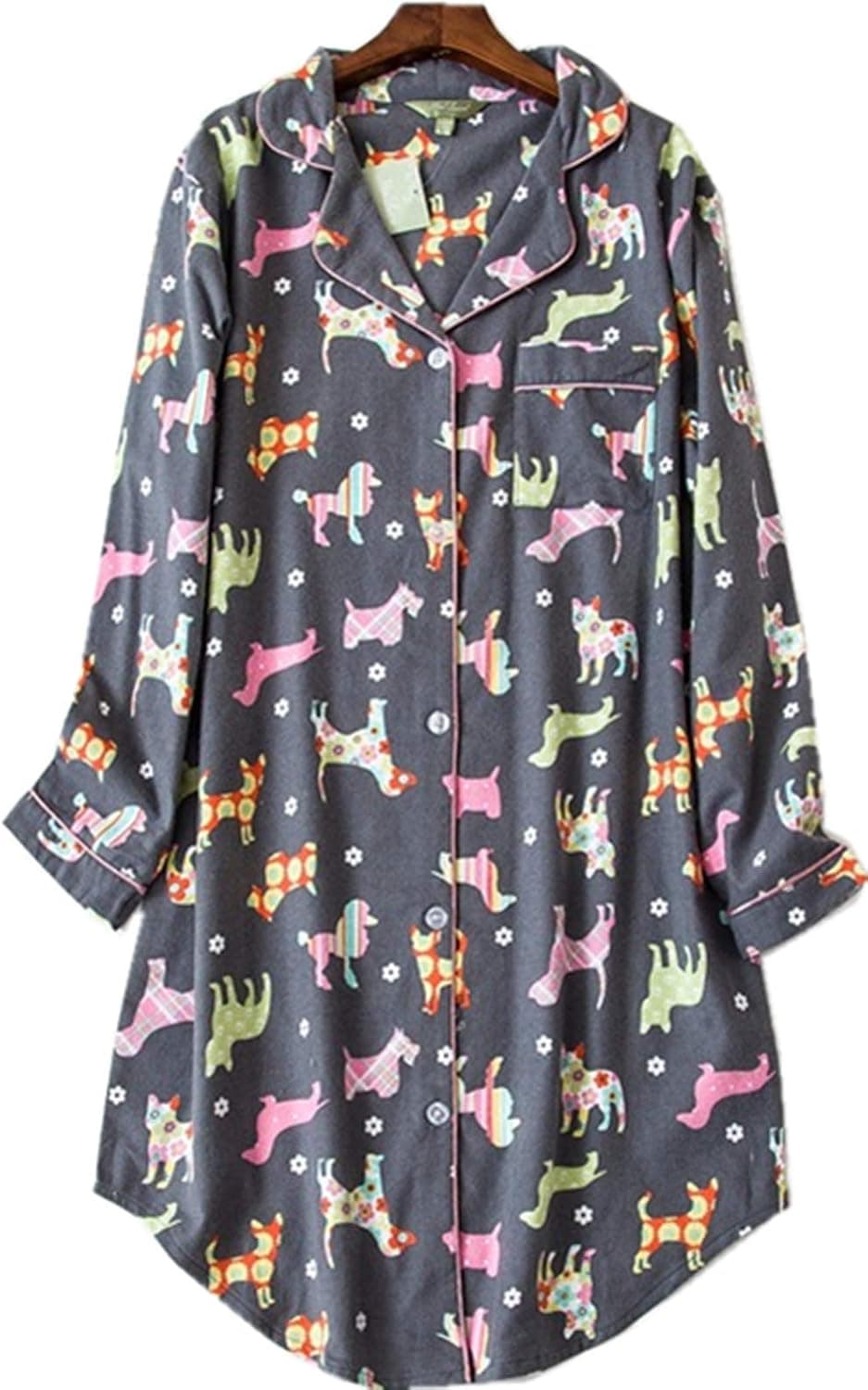 Luckytung Women's Flannel Nightshirt Button Down Boyfriend Nightgown Mid-Long Style Sleepshirt CSY01-Dog-L