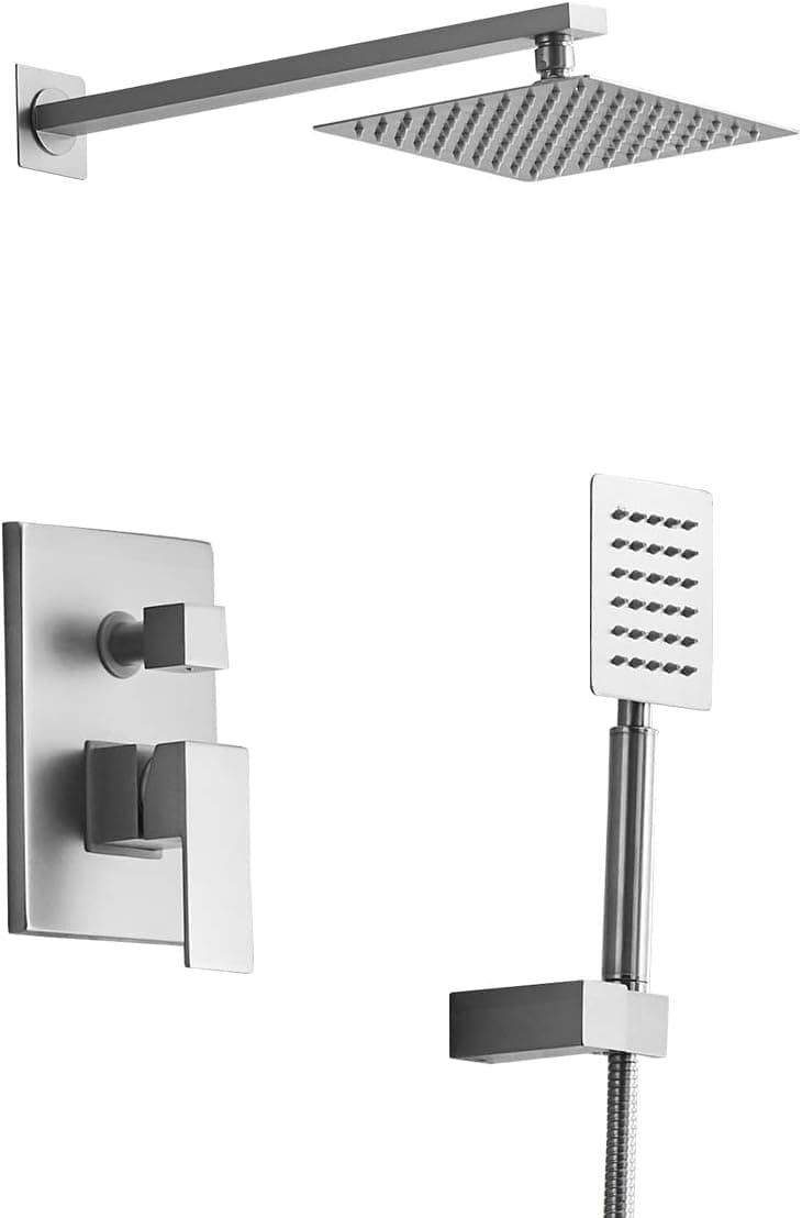 Aquafaucet Brushed Nickel Bathroom Luxury Rain Mixer Shower Combo Set Wall Mounted Rainfall Shower Head System (Contain Shower faucet rough-in valve body and trim)