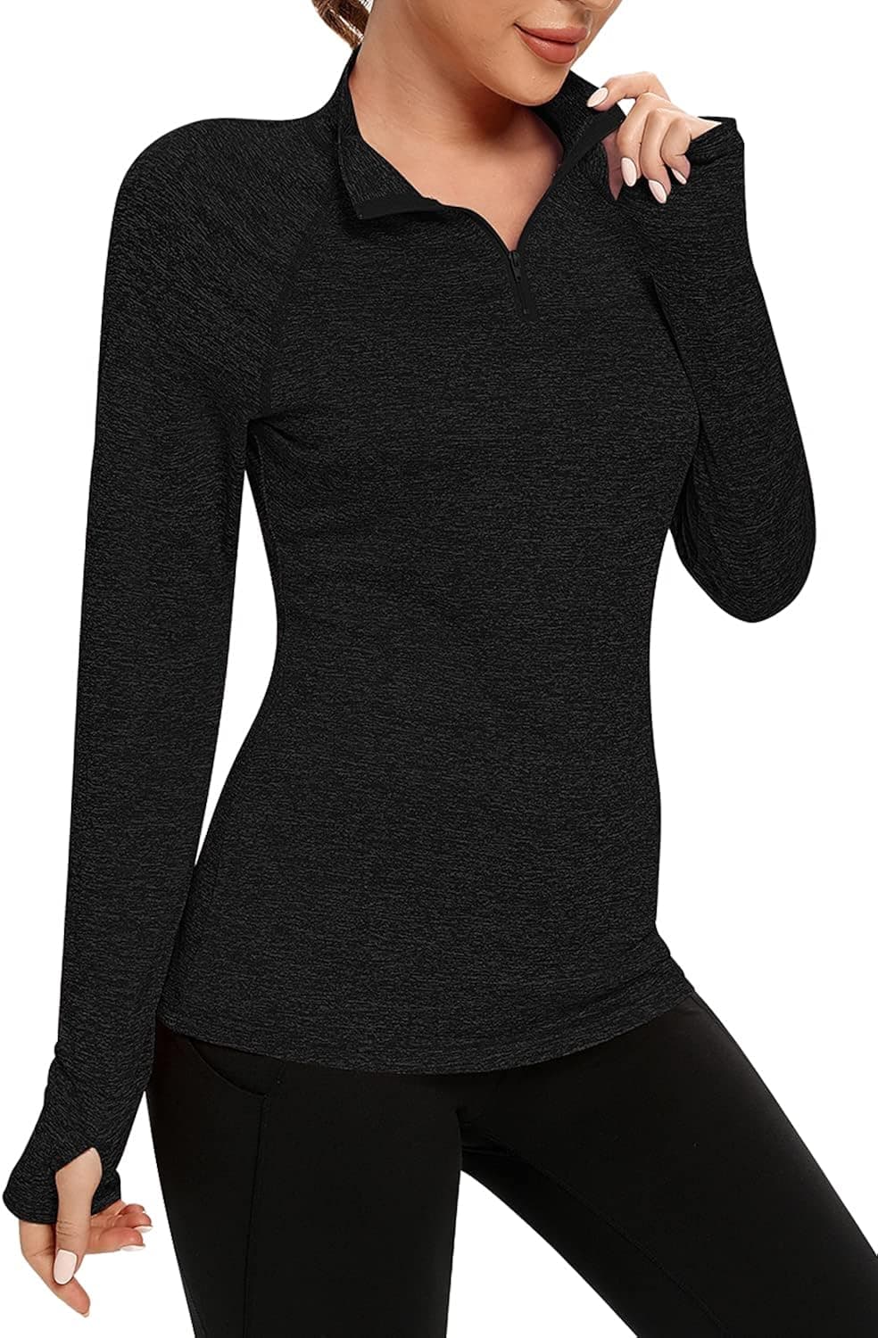 CHAMA Yoga Womens Mesh Shirt,Black Long Sleeve 1/4 Zip Turtleneck Women Running Golf Shirts UV Protection Quick Dry(Black,X-Large)