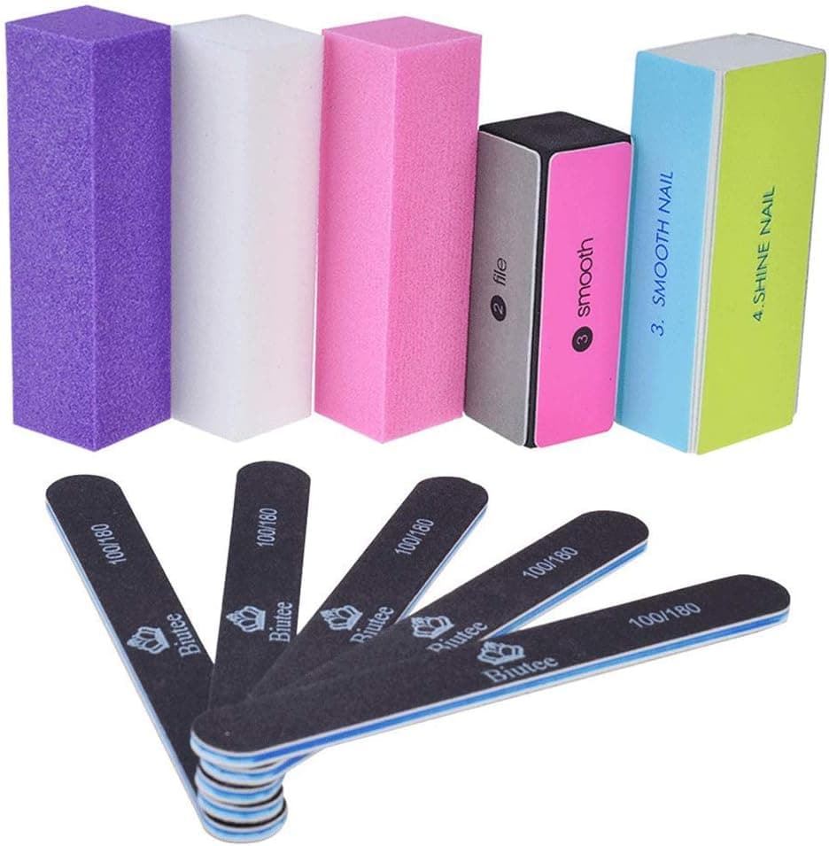 Biutee Nail Files and Buffer 10pcs Set Nail Files Nail Buffer 5pcs Buffer Block 5pcs 100/180 Grit Nail Files Sand Paper Foam Manicure Tool