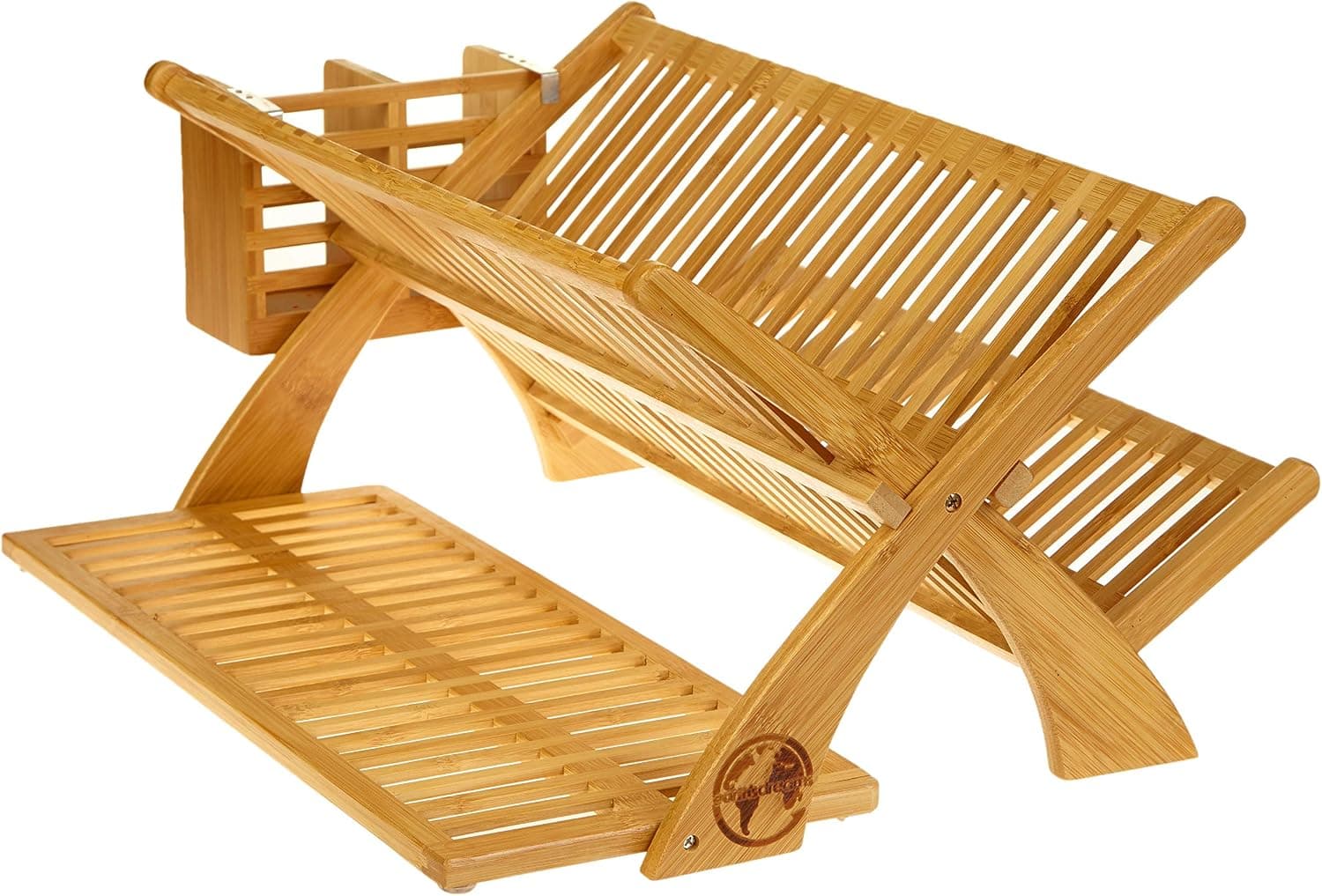 Earth’s Dreams Bamboo Dish Drying Rack with Bonus Utensil Holder - Collapsible Kitchen Dish Drainer with Dual Tiers for Air-Drying Plates, Cups and Utensils (17.5” x 19.75” x 9.25”)