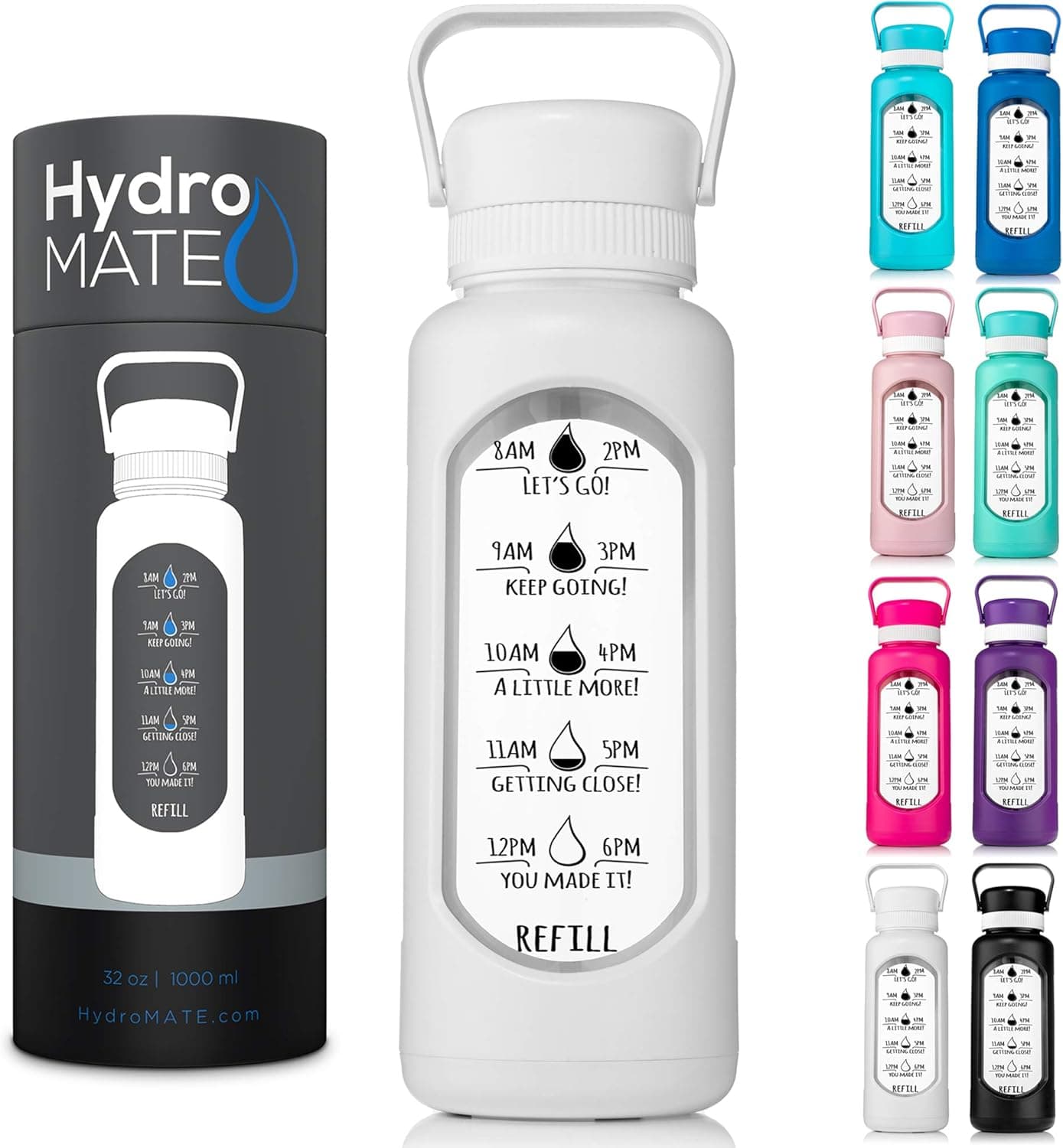 HydroMATE 32 oz Glass Water Bottle with Straw and Motivational Time Markings in Plastic Sleeve Drink More Water Bottle for Gym Sports Hydro MATE 1 Liter (White)