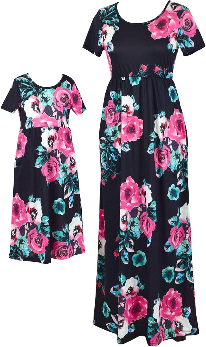 Qin.Orianna Mommy and Me Maxi Dresses,Bohemia Floral Printed Matching Dresses for Daughter and Mom