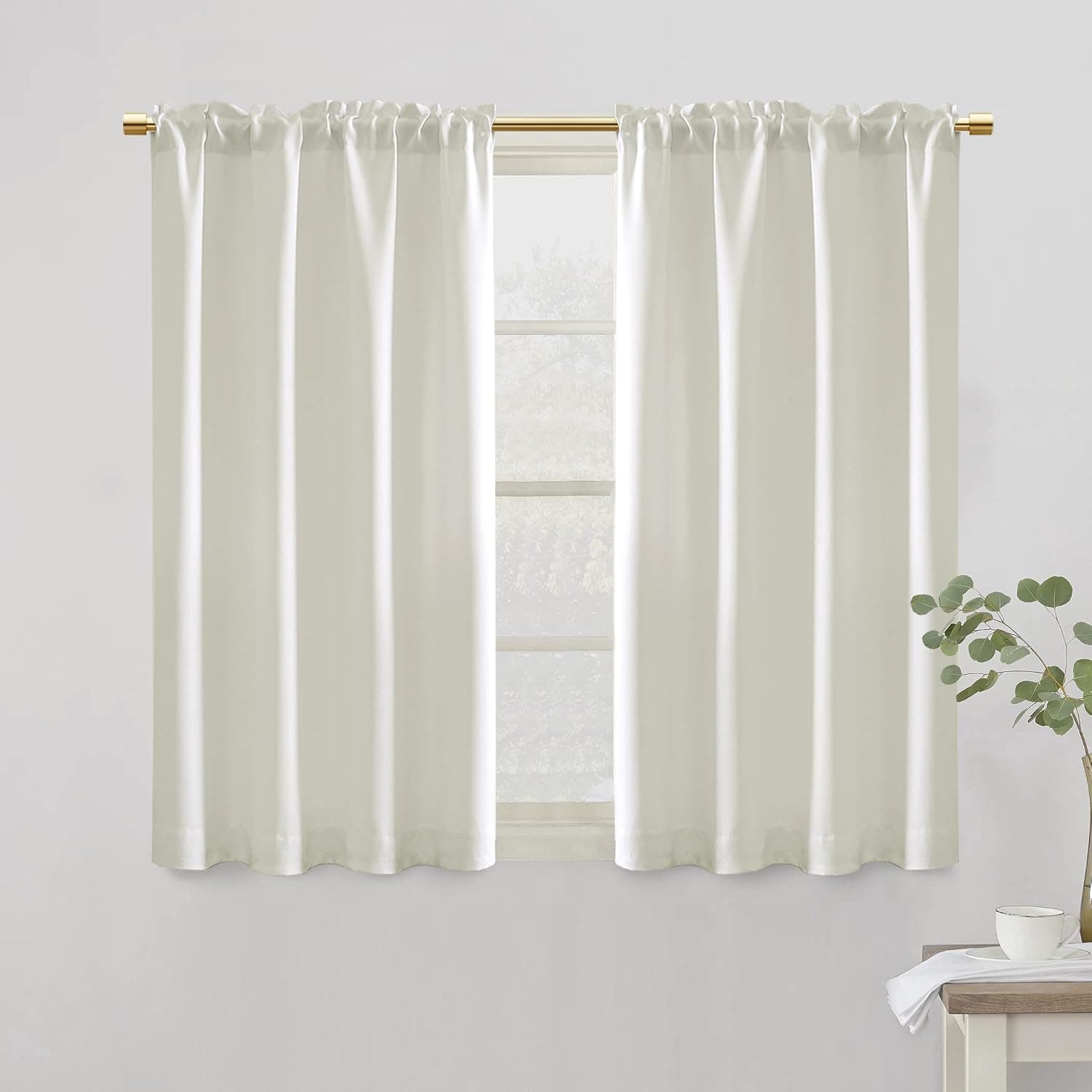 PANELSBURG Cream Colored Room Darkening Curtains for Bedroom,Light Blocking Heat Reducing Rod Pocket Kitchen Window Curtains 2 Panels Set 42 Inches Long,Off White/Ivory