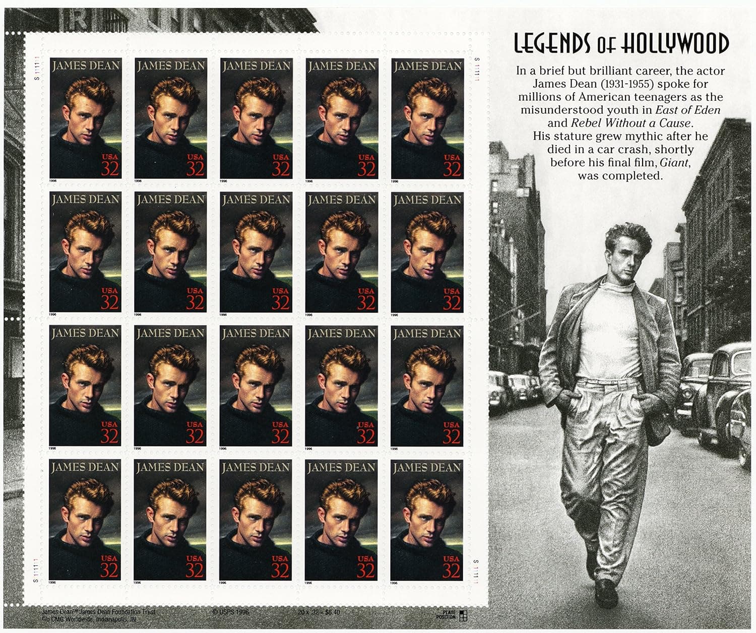 USPS James Dean Legends of Hollywood (Sheet of 20) 32 Cent Postage Stamps 1996 Scott #3082