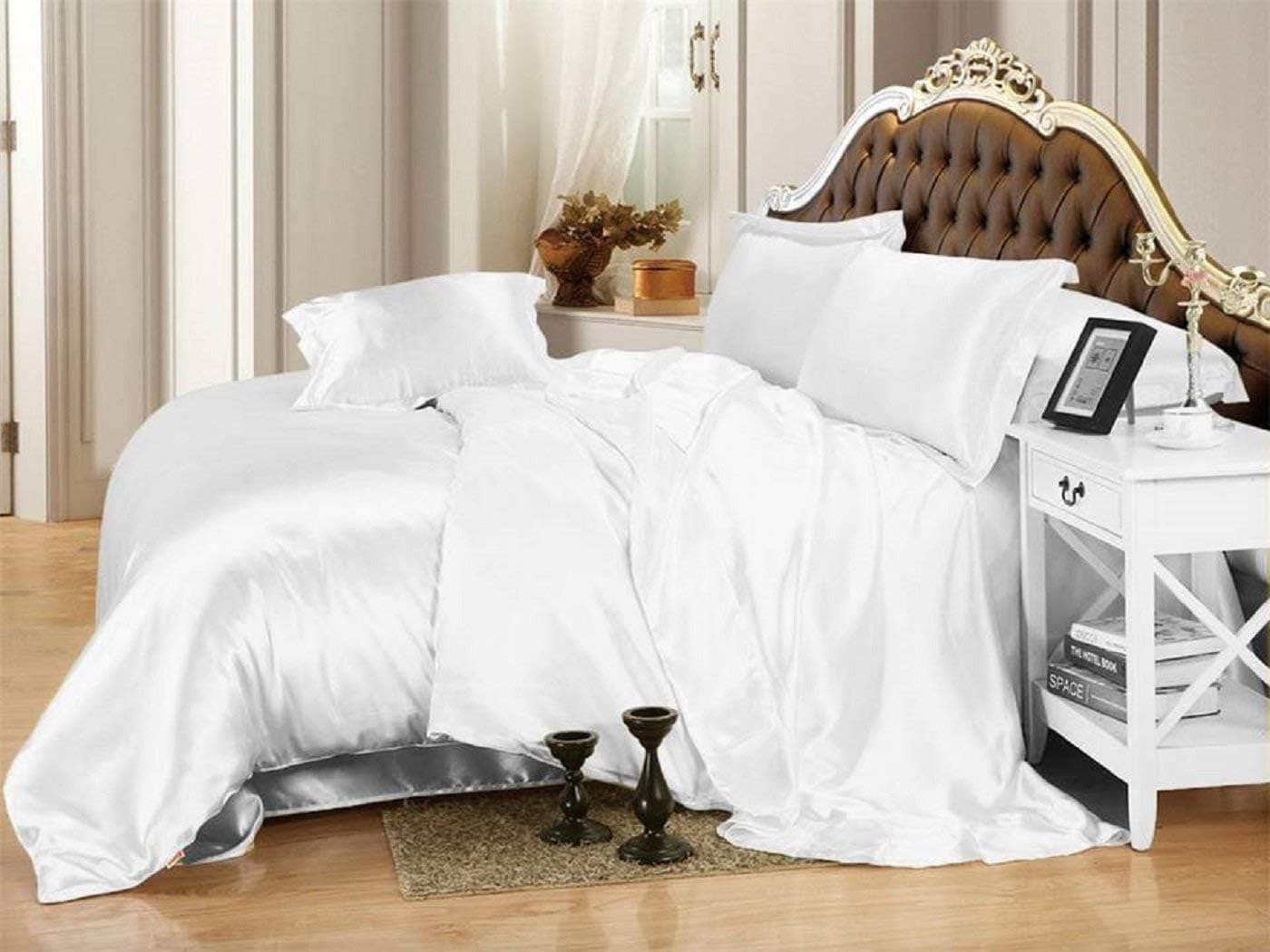 Opulence Bedding Luxurious Ultra Soft Silky Satin 6-Piece Bed Sheet Set White, Cal-King