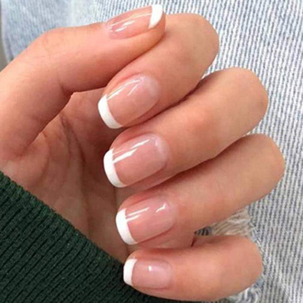 Vinzar French Fake Nails Short Pink Press on Nails Oval Glossy Full Cover Acrylic False Nails for Women and Girls（24Pcs） (French A)
