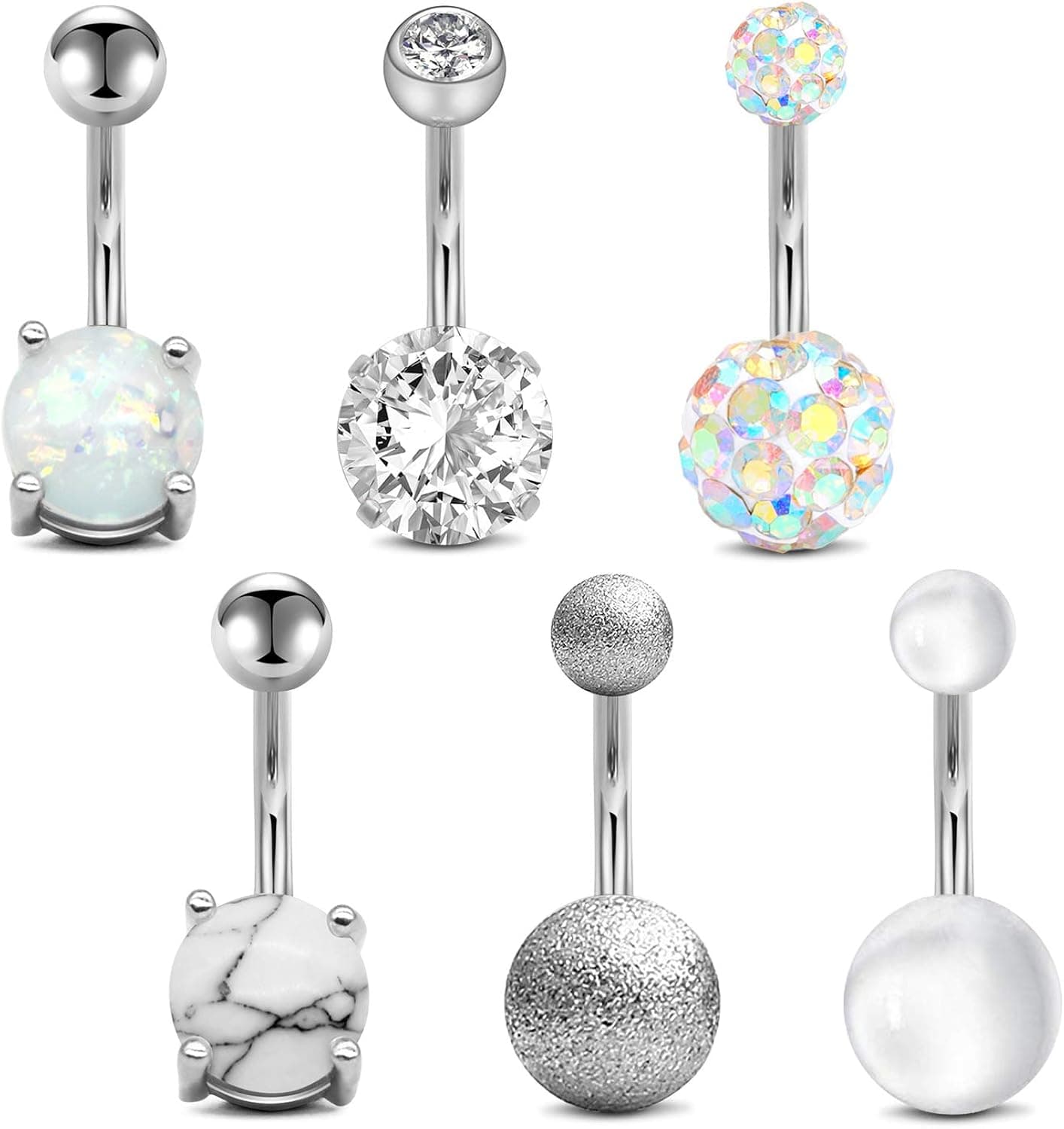 QWALIT Belly Button Rings 14G Surgical Steel Belly Rings CZ Opal Navel Piercing Jewelry for Women Girls 3/8" 10mm Silver Rose Gold