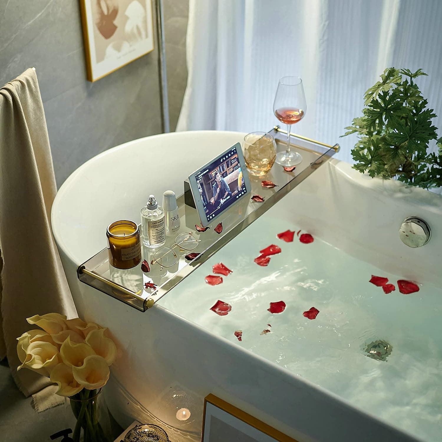 Bathtub Caddy Tray for Luxury Bathroom Bath tub Table Caddy Tray Shelf for Shower with Gold Handles fits All bathtubs