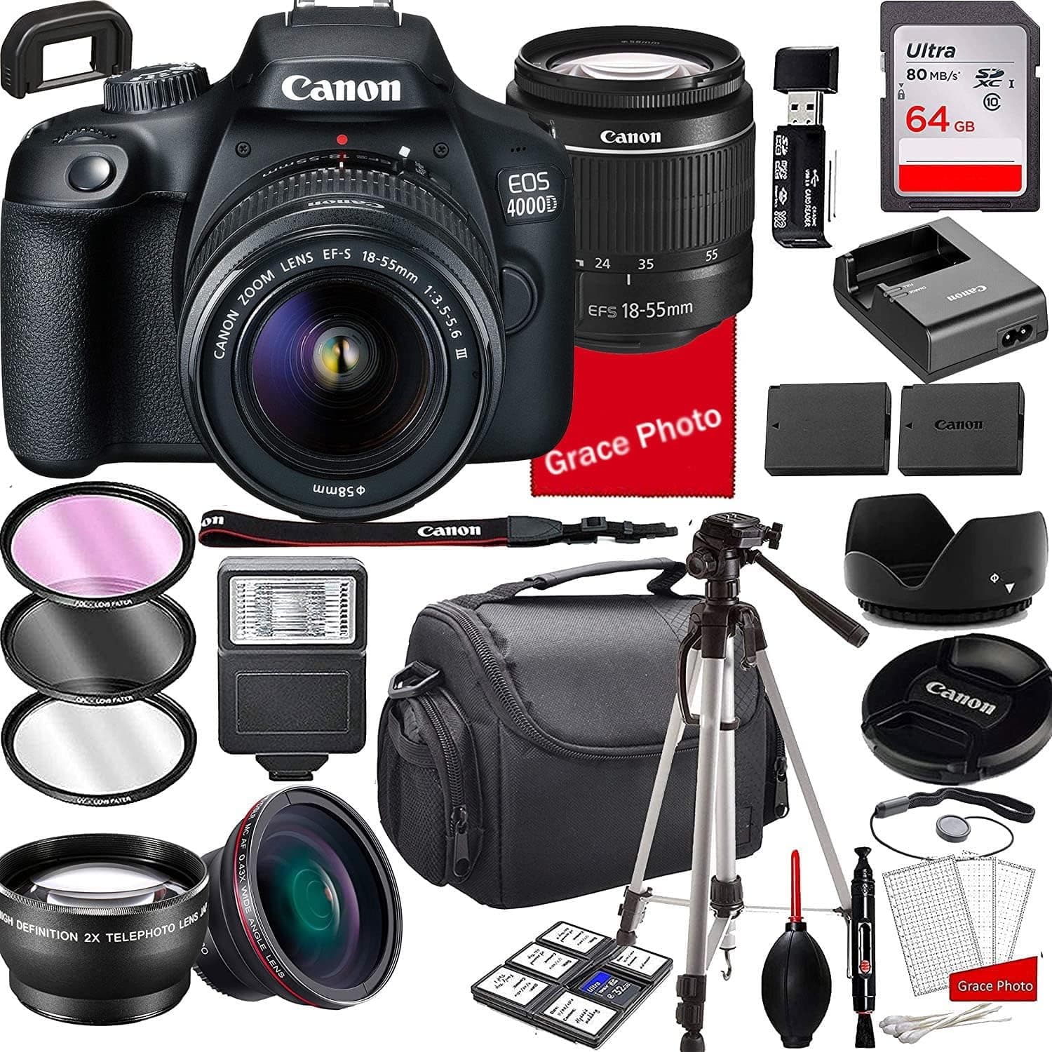 Canon EOS 4000D DSLR Camera with 18-55mm f/3.5-5.6 Zoom Lens , 64GB Memory,Case, Tripod and More (28pc Bundle)