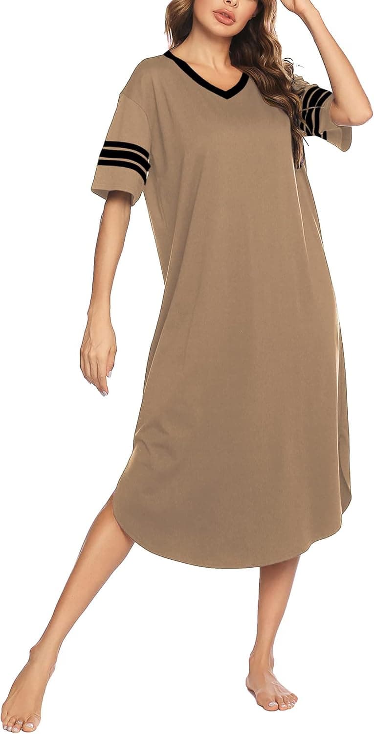 Ekouaer Long Nightgown, Womens V Neck Loungewear Oversized Sleepwear Loose Sleep Dress S-4XL