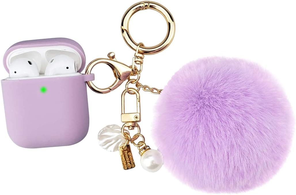 MOLOVA Case for Airpods 1&2 Case, Protective Silicone Purple Case with Elegant Fluffy Cute Fur Ball Pearl String Keychains Soft Skin Cover for Kids Teens Boys Girls