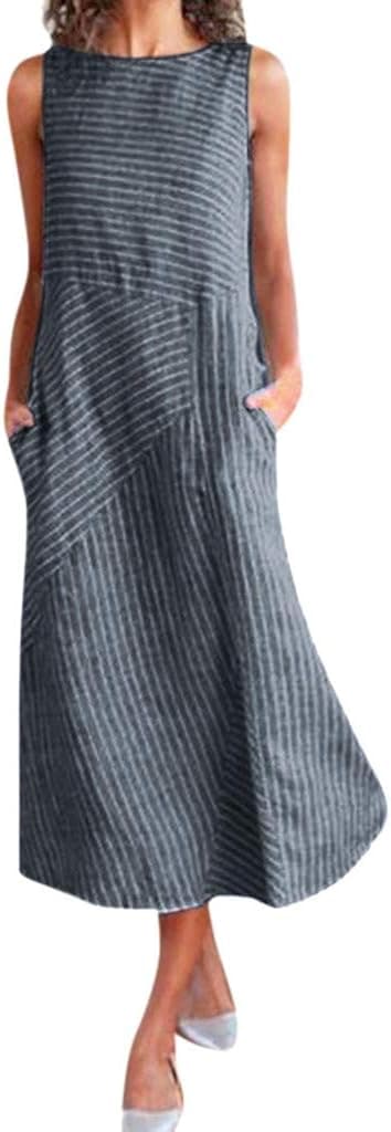 NaRHbrg 2022 Fashion Linen Dresses for Women Casual Loose Crew Neck Striped Beach Long Dress Sleeveless Pocket Sundress
