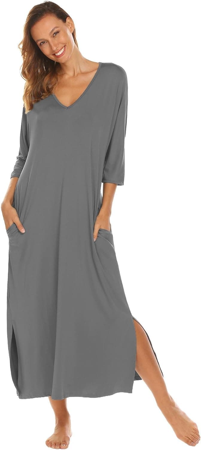 Declare Women V-Neck 3/4 Sleeve Split Hem Loose V-Neck Full Nightgown S-XL