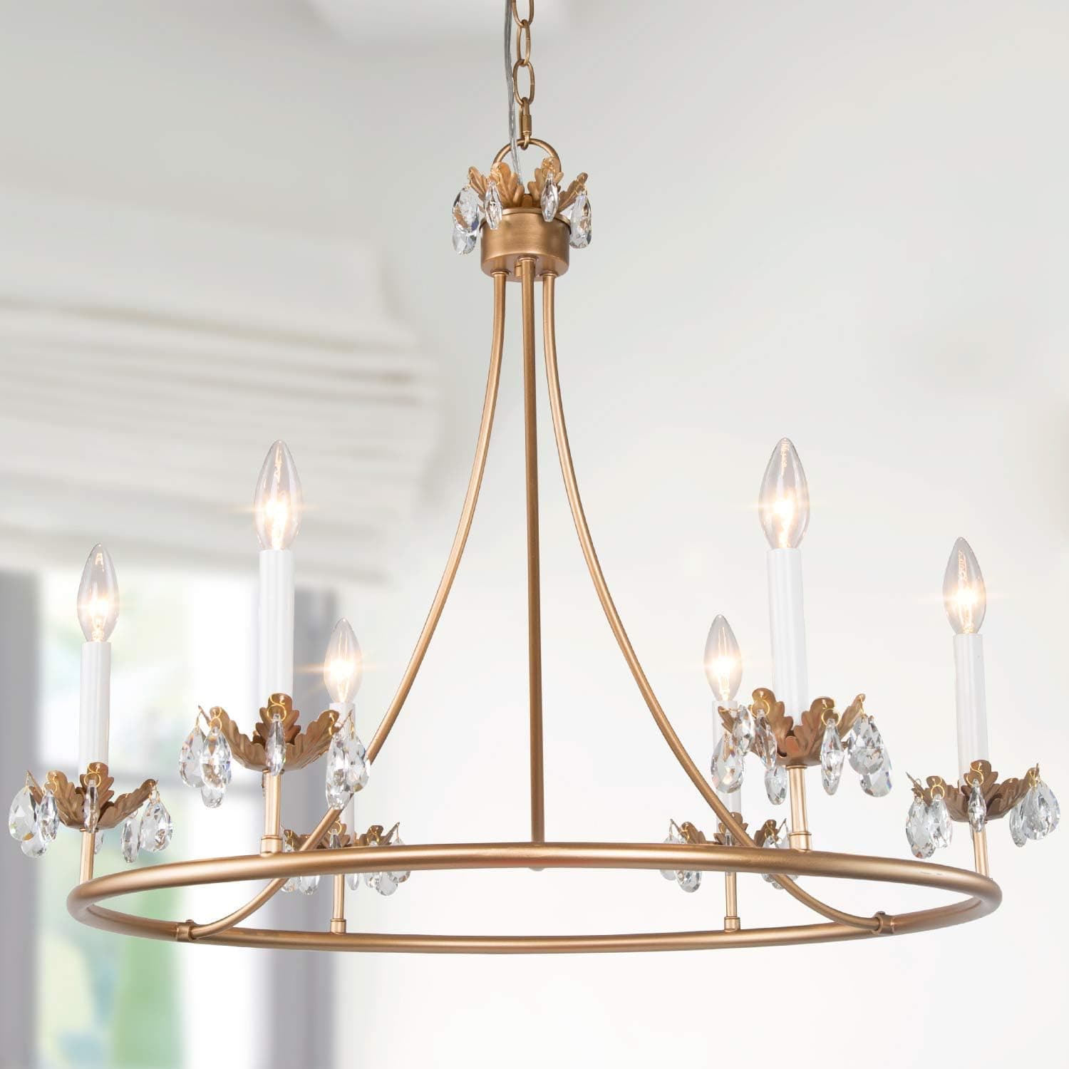 LOG BARN Chandeliers for Dining Rooms, 29.5” Large Round Contemporary Chandelier, Modern Gold Chandelier with Crystal Pendants for Living Room, Bedroom and Foyer