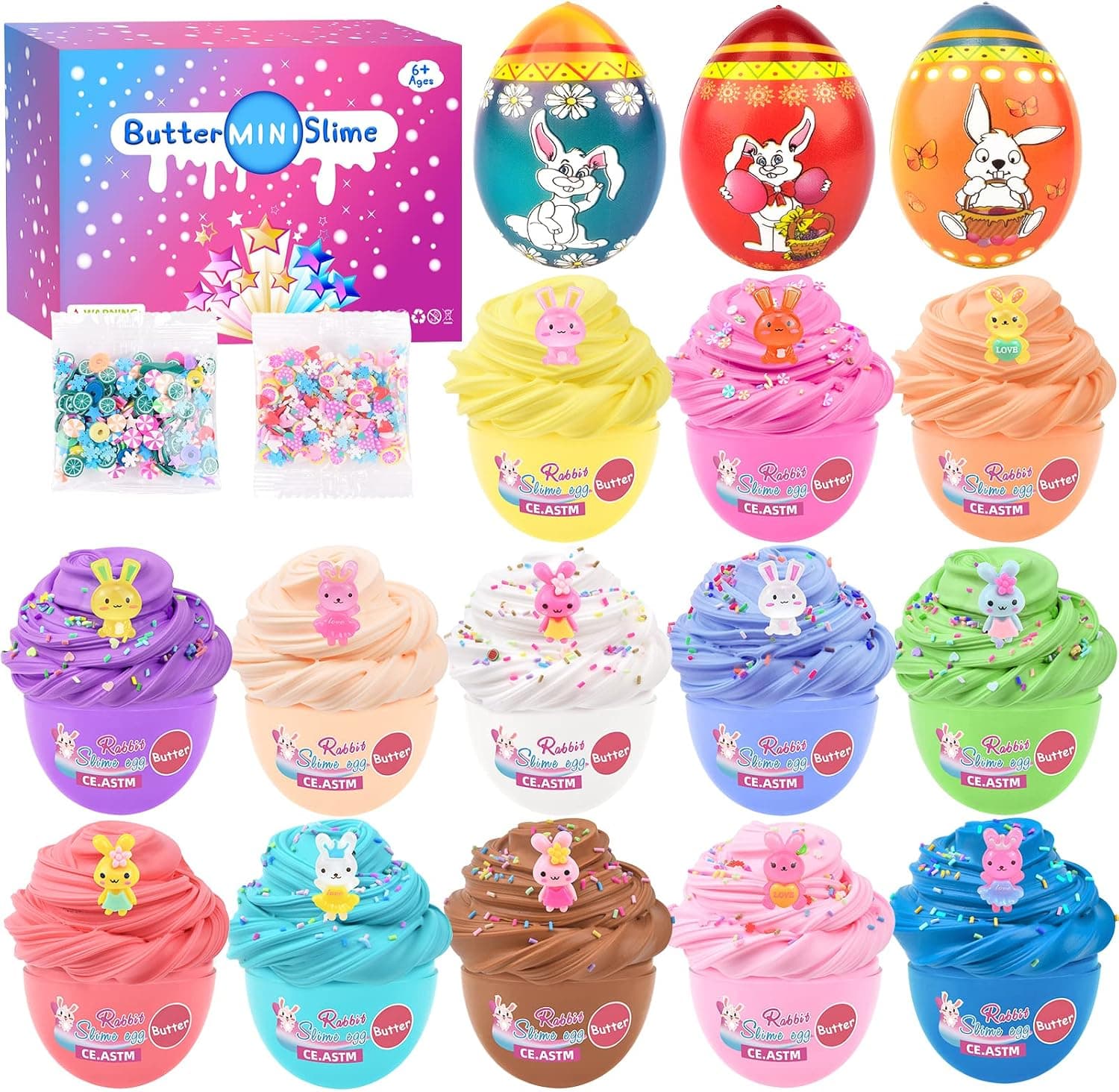 16 Pack Egg Butter Slime Kit, with Easter Slime Bunny Charms, Scented Slime for Kids Party Favor, Soft and Non-Sticky, Stress Relief Toy for Girls and Boys, Slime Making Kit for Festival