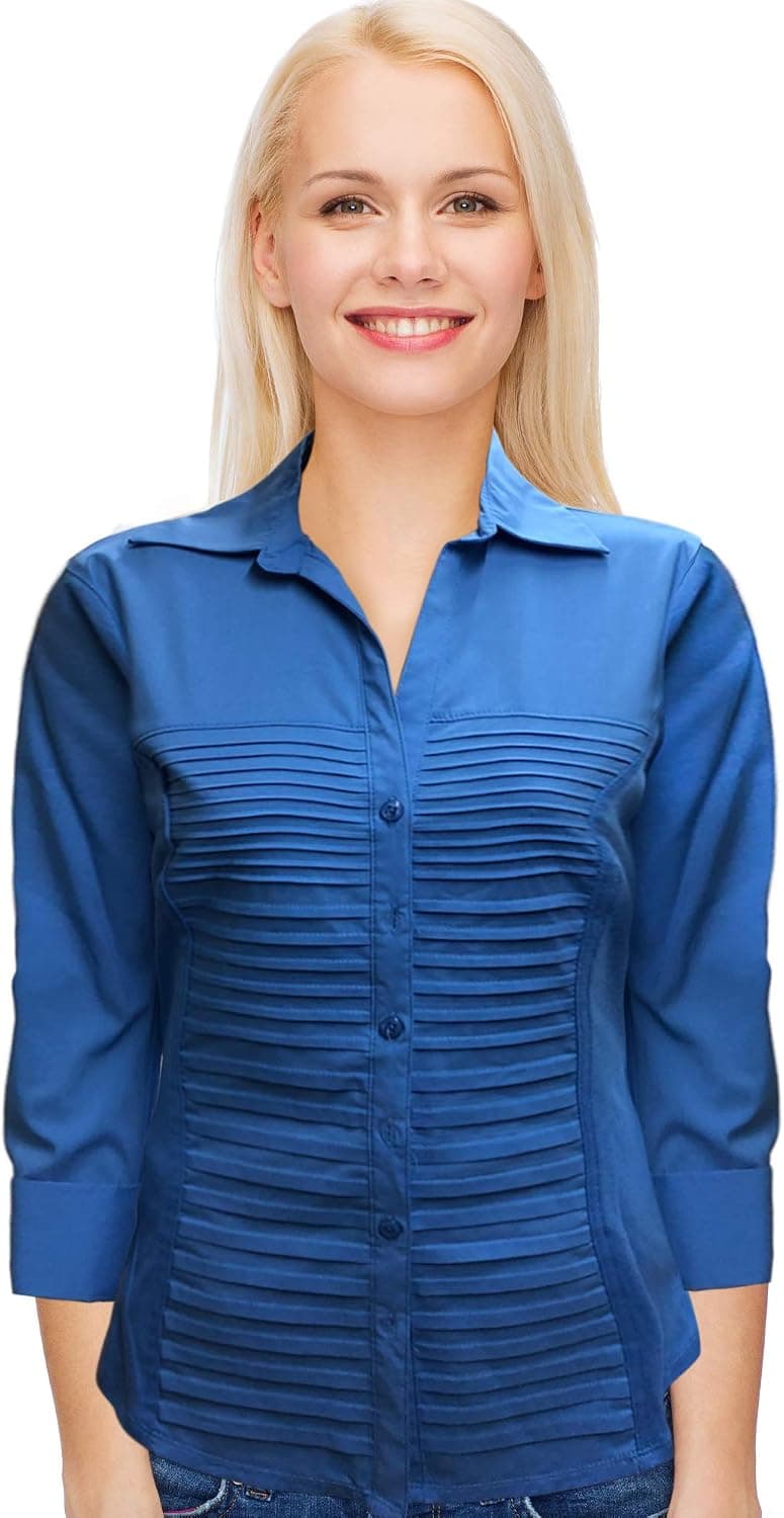 Rib Knit Woven 3/4 Sleeve Blouse Fit Pleated Collar Office Formal Button Down Casual Tops