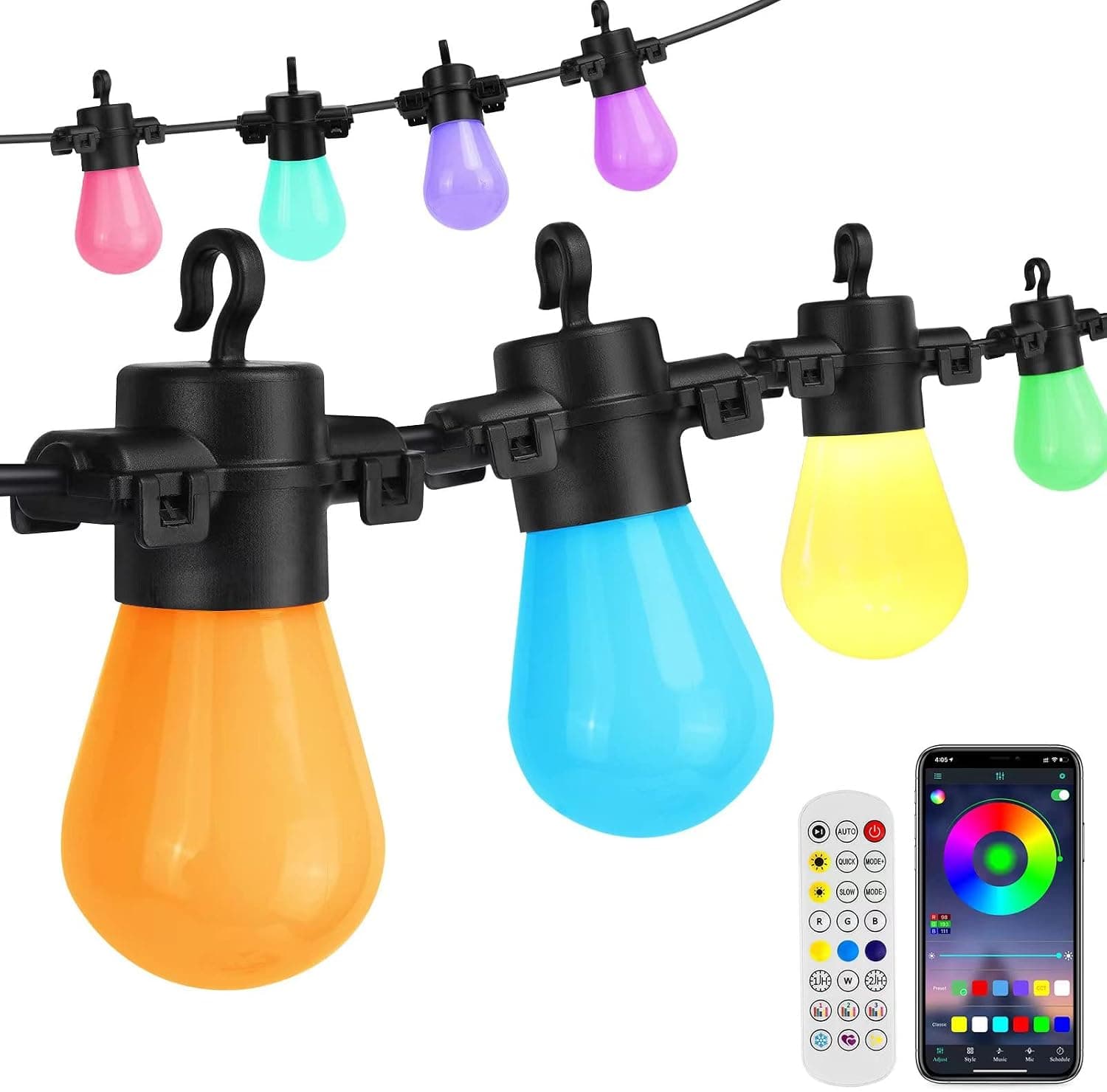 Elrigs Outdoor String Lights, 36FT LED Color Changing Waterproof Patio Lights, Extendable USB Camping String Lights with 12 Dimmable Shatterproof RGB+IC Bulb, Music Sync APP & Remote Control
