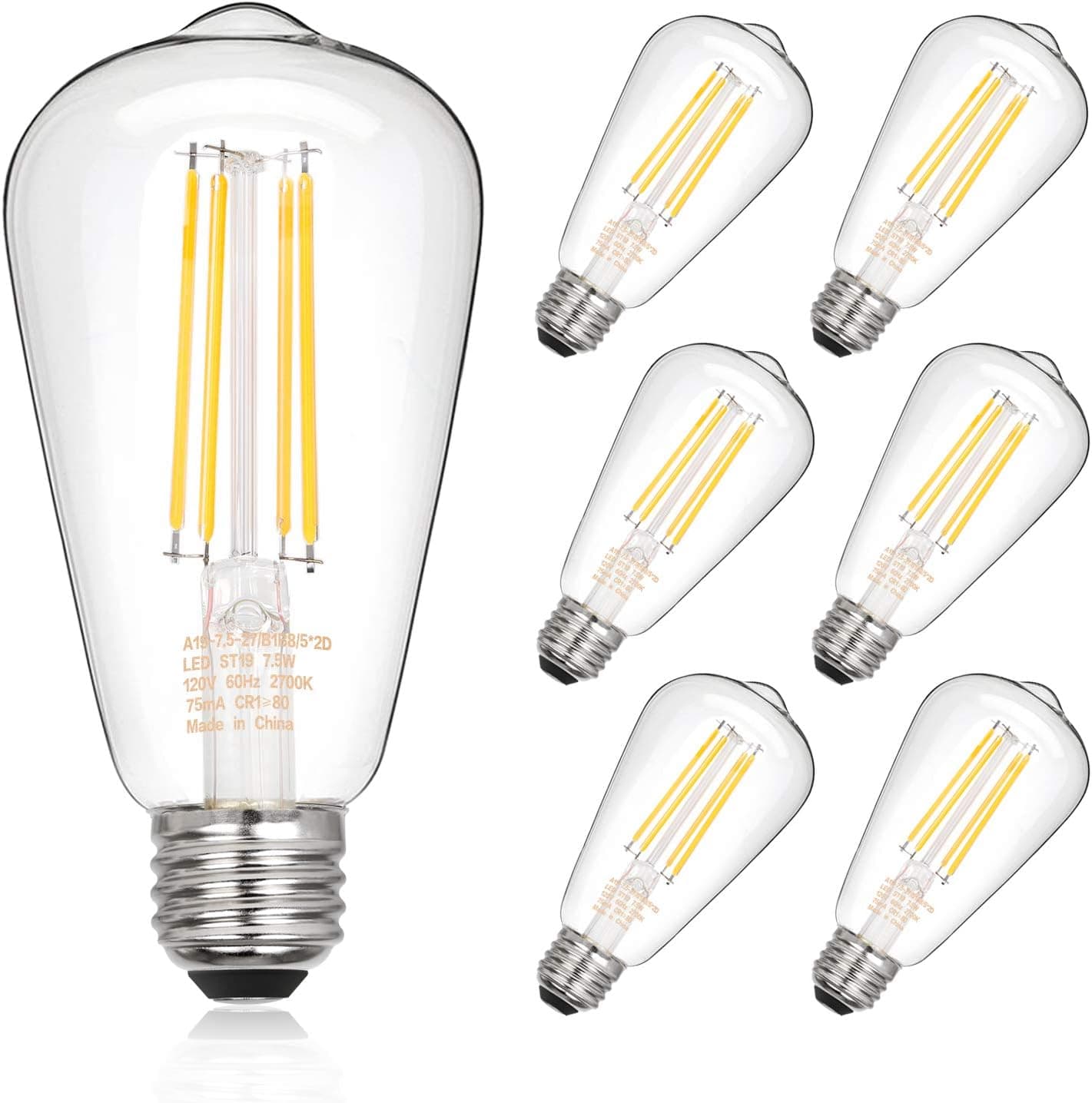 hykolity Dimmable Vintage LED Edison Bulbs, 7.5W, Equivalent 60W, 800lm, Bright Daylight White 4000K, ST19 Antique LED Filament Bulbs, E26 Medium Base, Clear Glass, Pack of 6