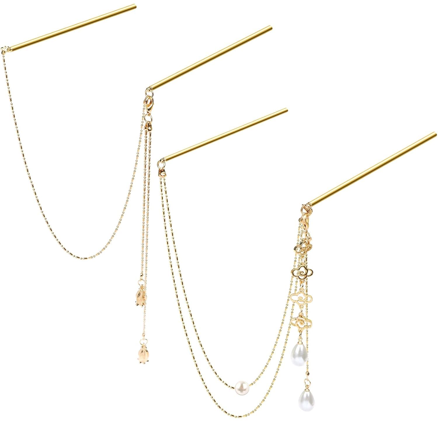 Wusteg 2 Pieces Pearl Tassel Hairpin Double Chain Hair Fork Chinese Style Retro Stick for Hanfu Vintage Accessories, gold