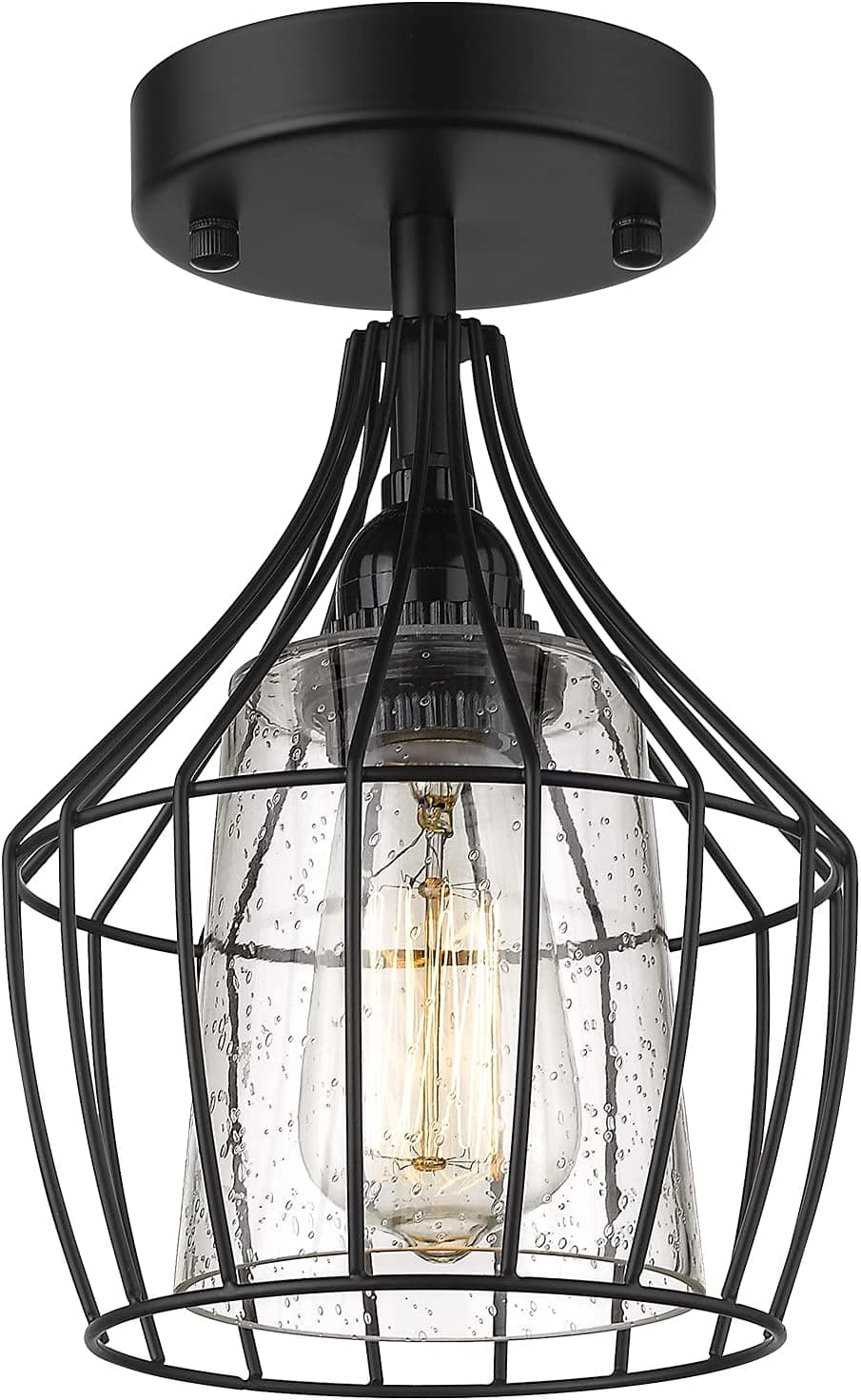 FOITTON 1-Light Semi Flush Mount, Industrial Close to Ceiling Light Fixture, Seeded Glass Lampshade, Black Finish for Hallway, Laundry, Foyer, Kitchen