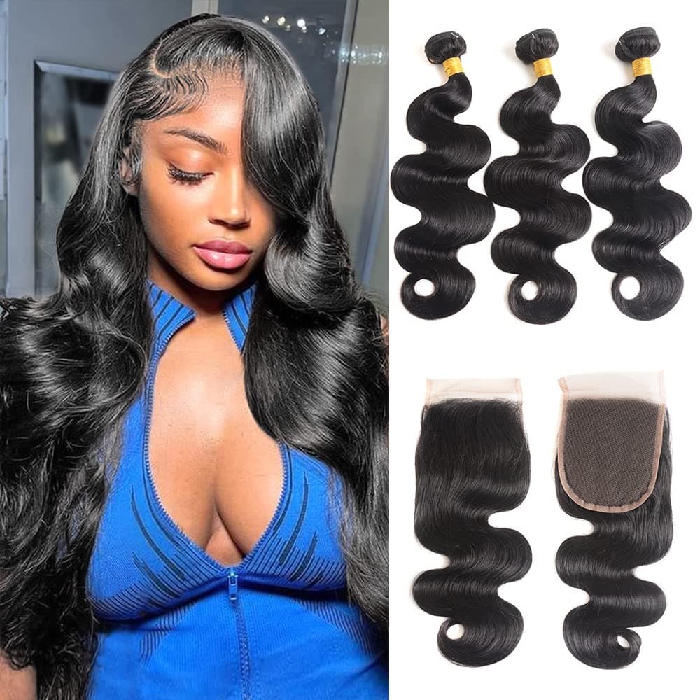 Hoyrhra 12A Brazilian Virgin Hair Body Wave 3 Bundles With Lace Closure (14 16 18 +12 Free Part) Body Wave 100% Unprocessed Human Hair Bundles With 4X4 Lace Closure（Natural Black Color）